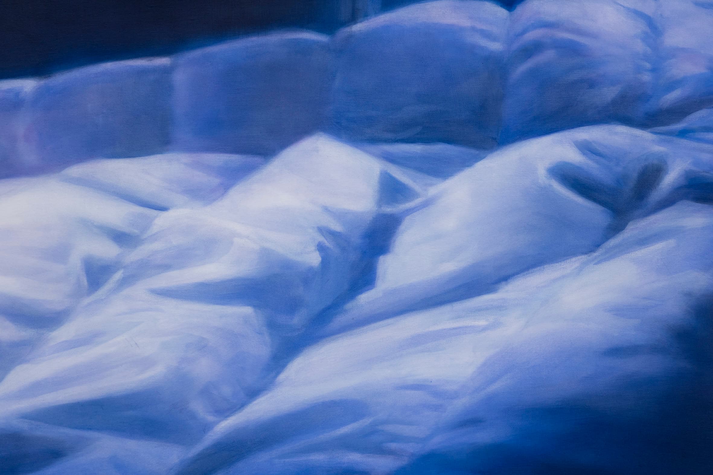 a detail crop of a painting of a duvet lit blue by the night. 