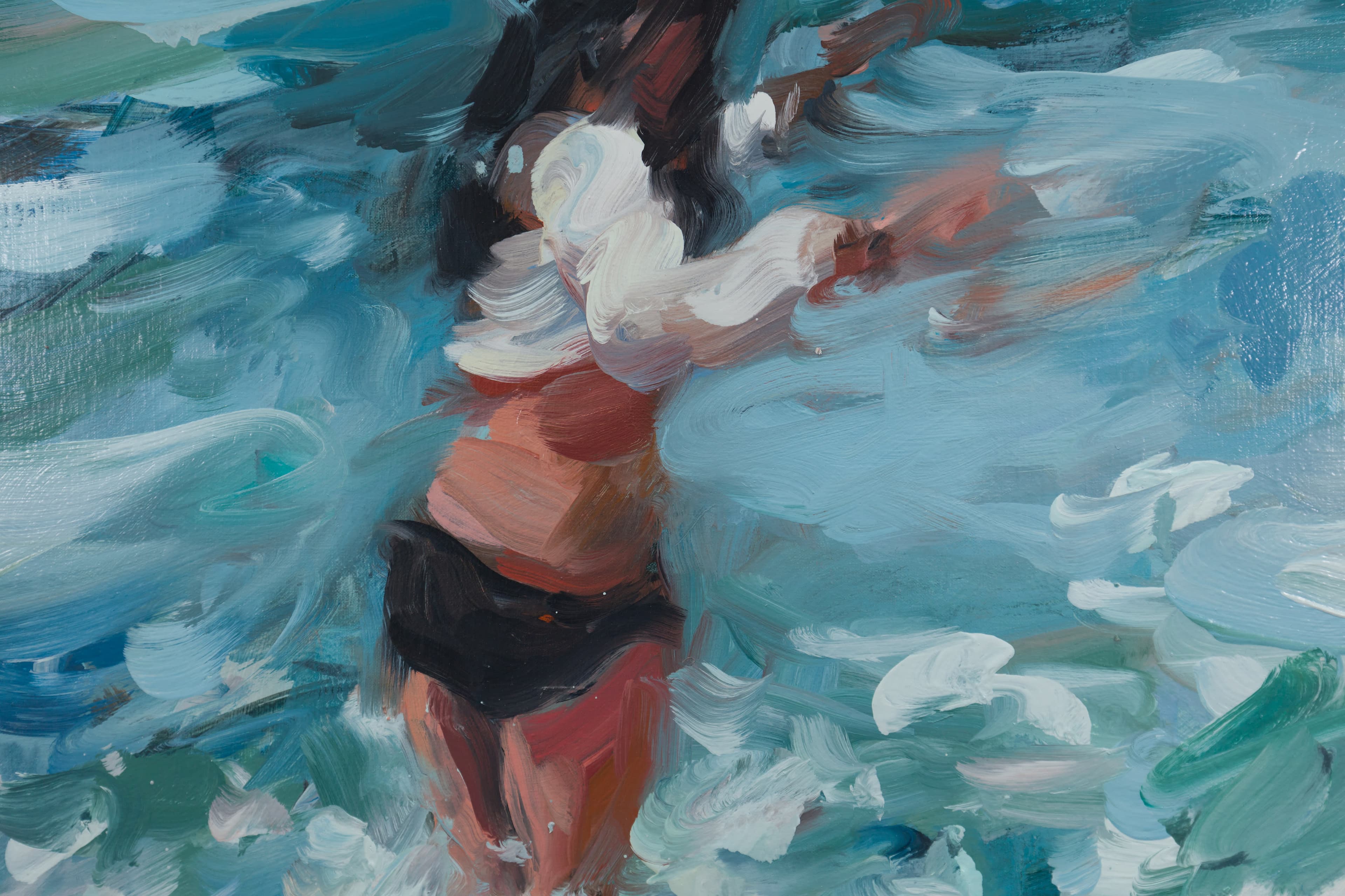 a painting by Laura Lancaster of a woman in a black bikini splashing in the waves 