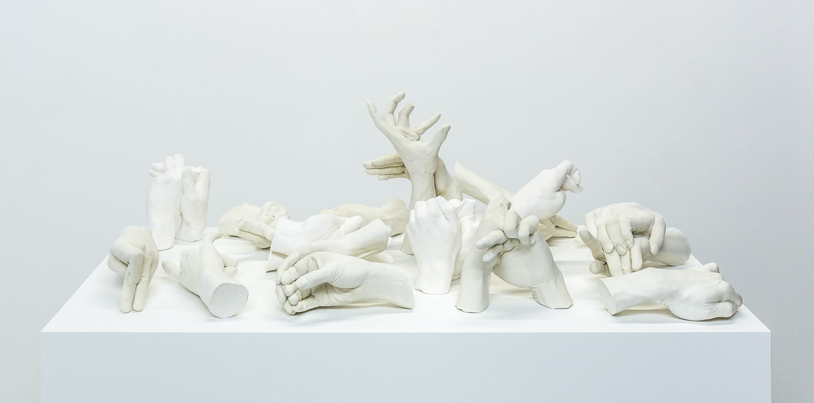 plaster casts of hands contorted into animal silhouettes on a plinth