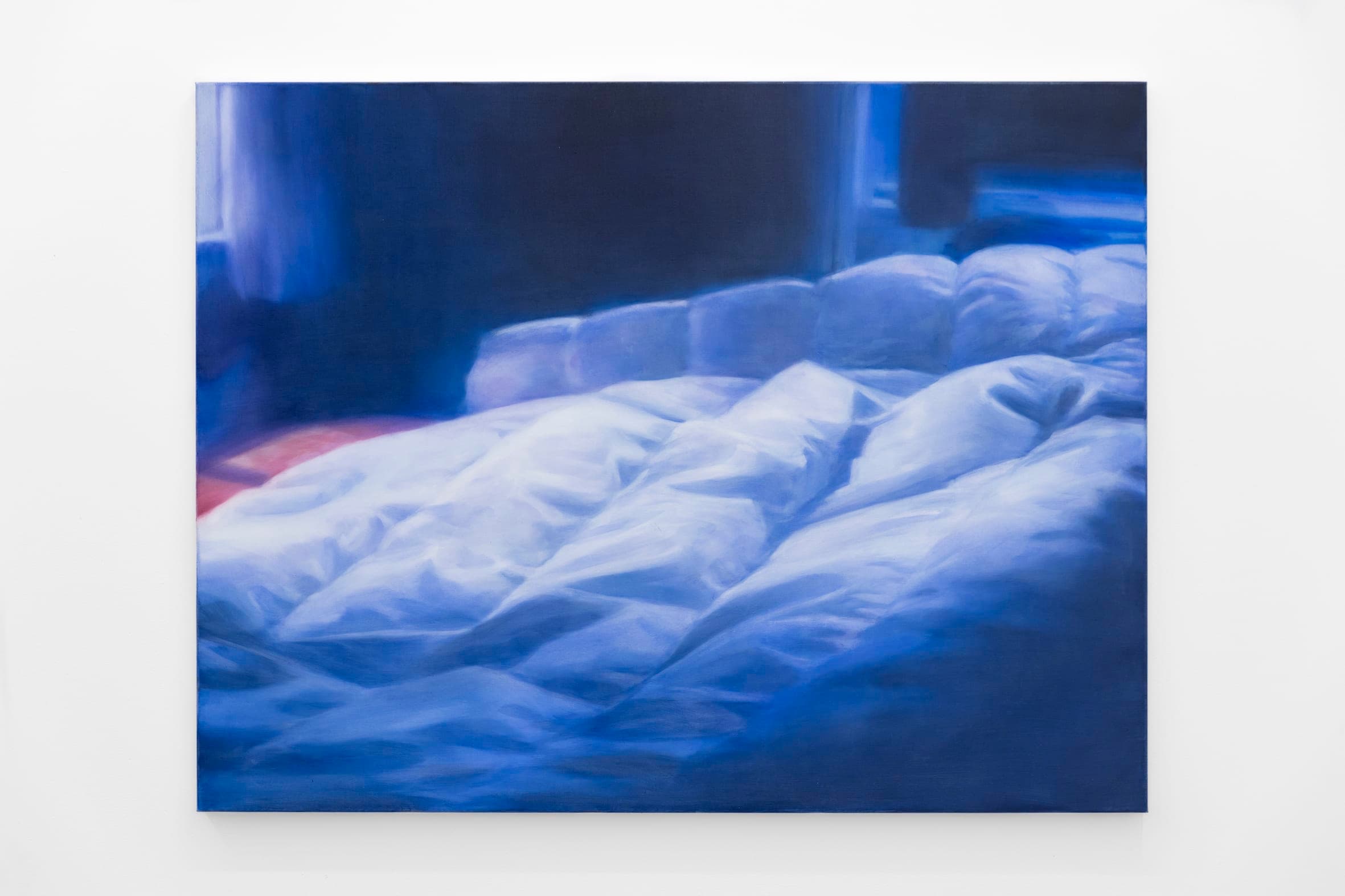 a painting of a duvet lit blue by the night. 