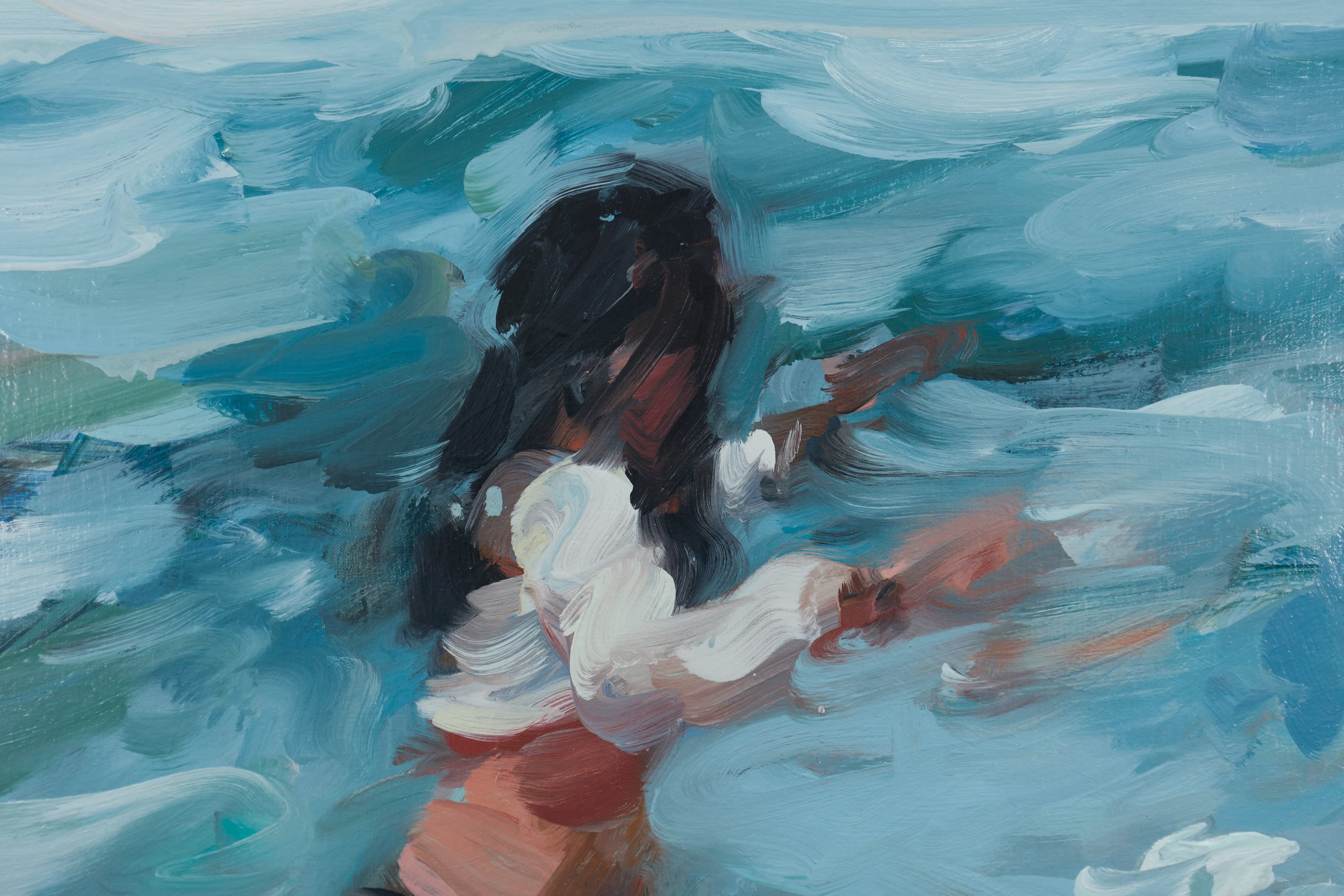 a painting by Laura Lancaster of a woman in a black bikini splashing in the waves 