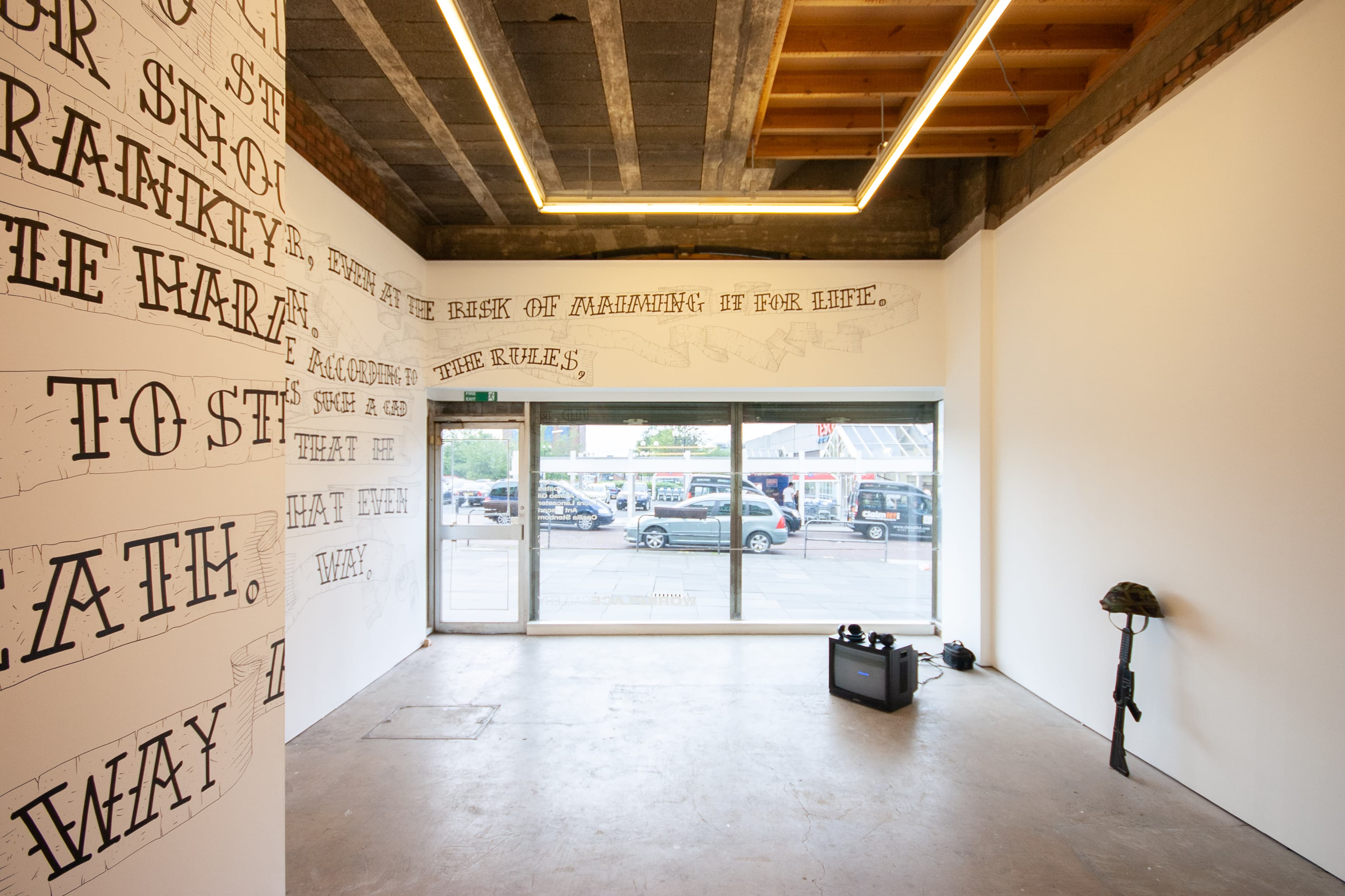 Installation shots of False Witness - an exhibition of artworks by Eric Bainbridge, Marcus Coates, Francis Gomila, Laura Lancaster, Ant Macari, and Cecilia Stenbom at Workplace in Gateshead