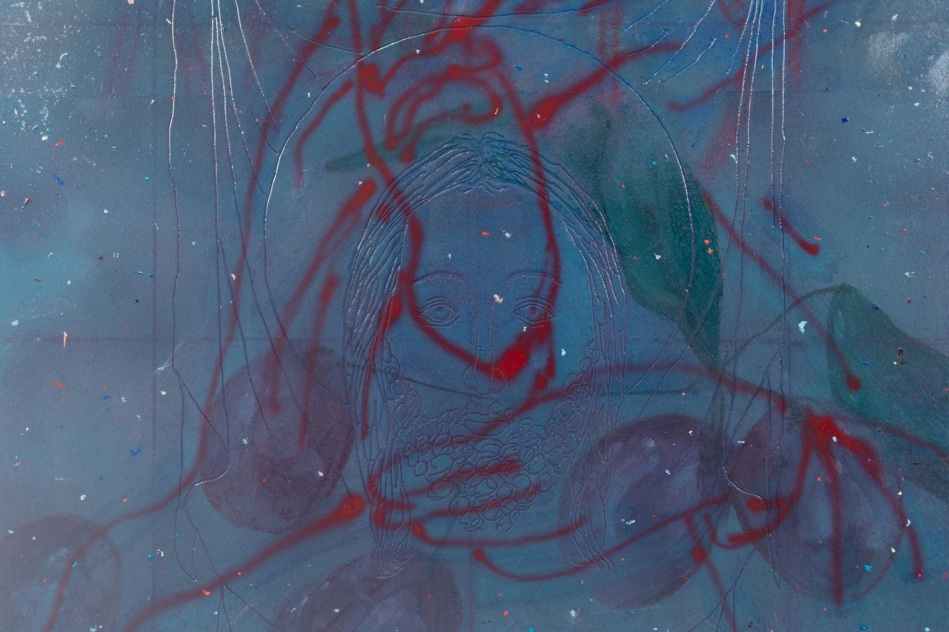 a blue painting by Alistair Woods with a red spray paint image of Saint Domenic over a routed image of Christ