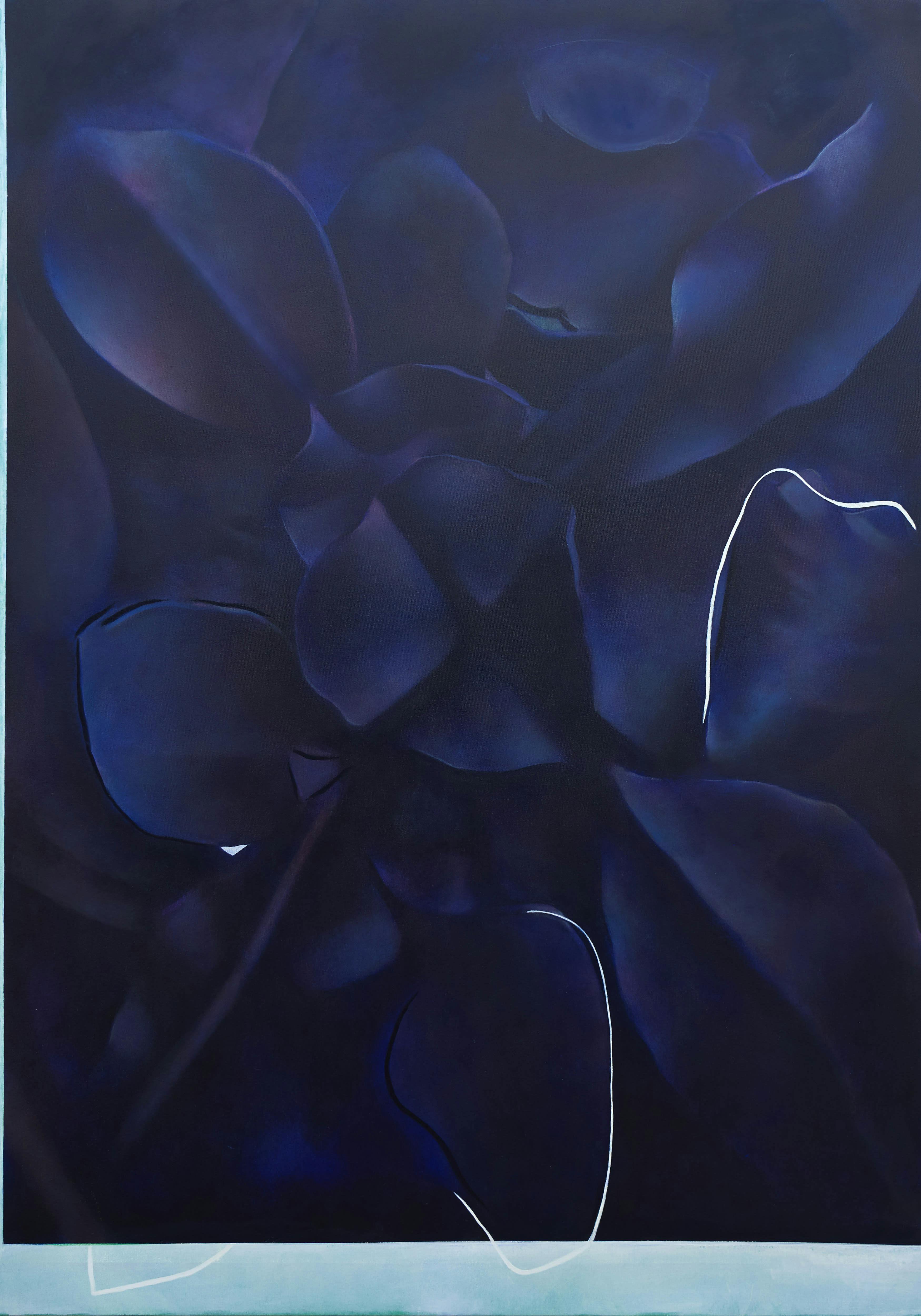 A detail of An Ex III, 2019, Oil on canvas, 170 x 120 cm by Louise Giovanelli. An abstract painting of dark blacks and blue acanthus leaves with white glitches over a central X axis