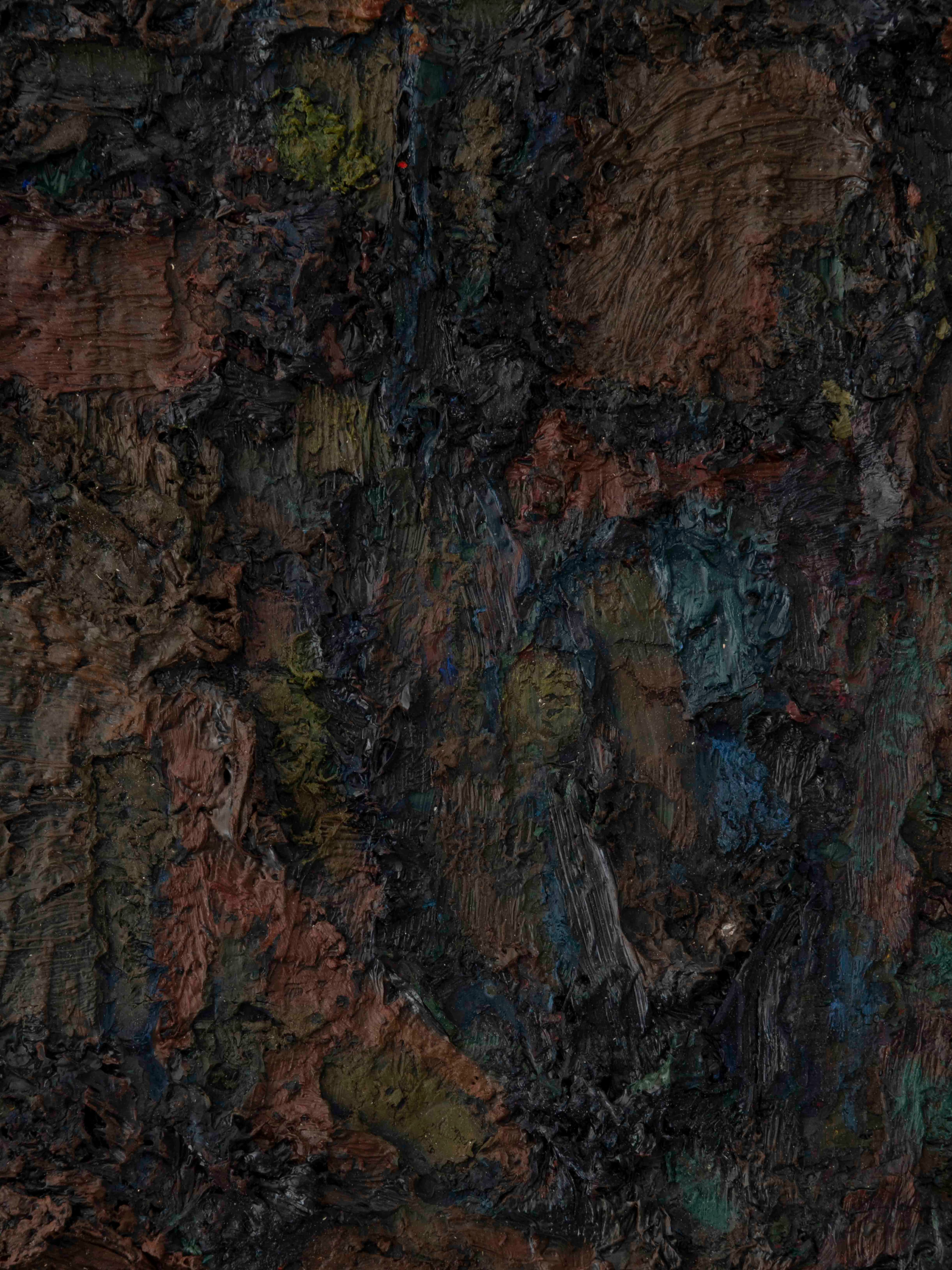 Small acrylic/oil painting by James Collins. Dark brown, green and blue oil paint on canvas, with a textural quality similar to bark from a tree.