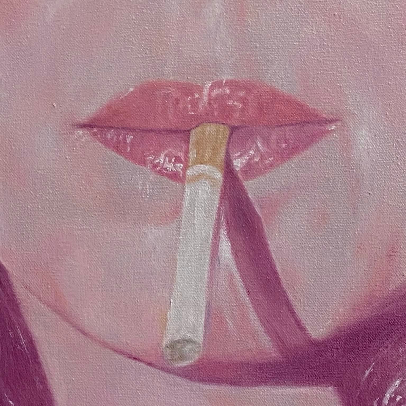 a detail of a painting by Xingxin Hu of a woman holding a cigarette in her mouth