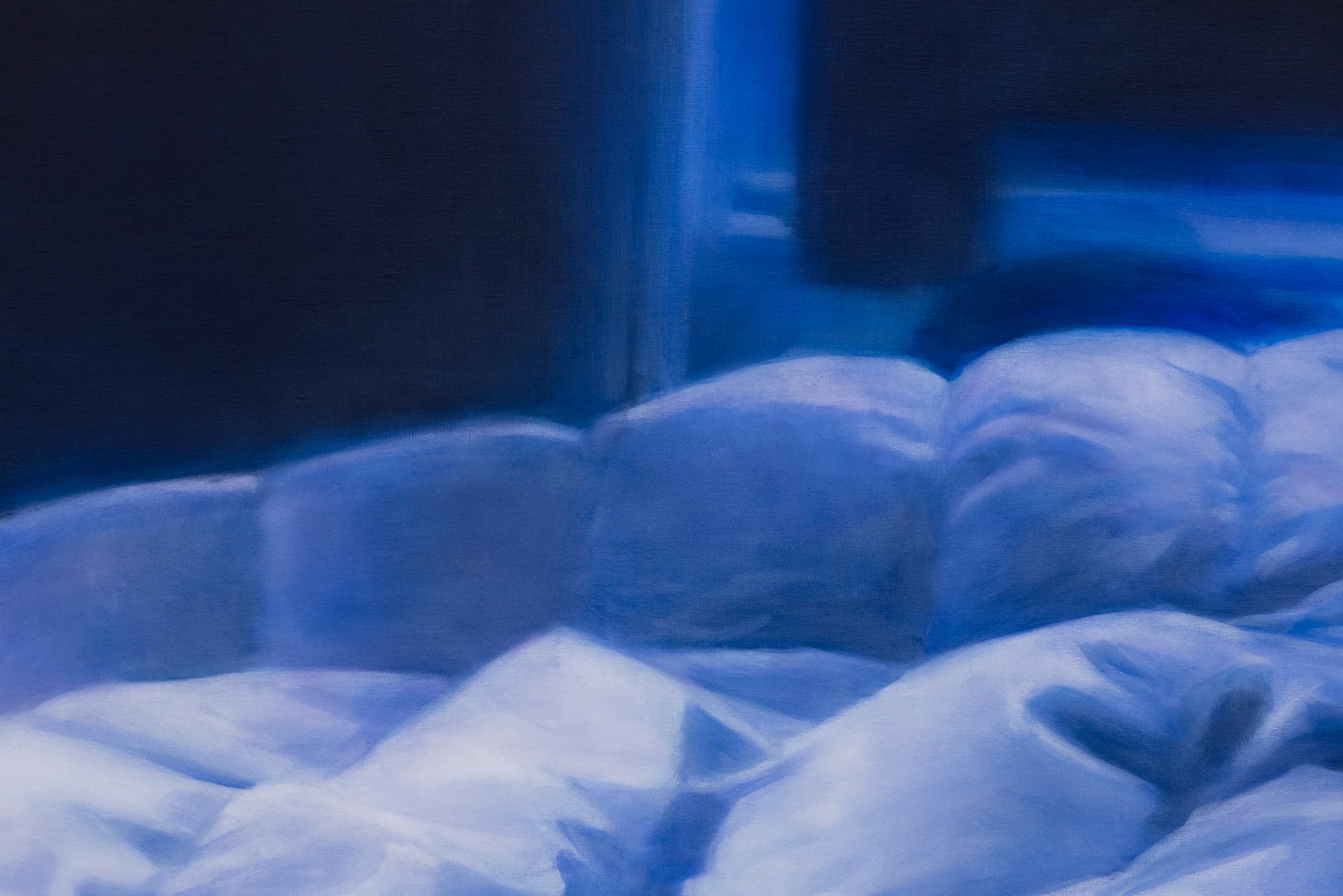 a detail crop of a painting of a duvet lit blue by the night. 