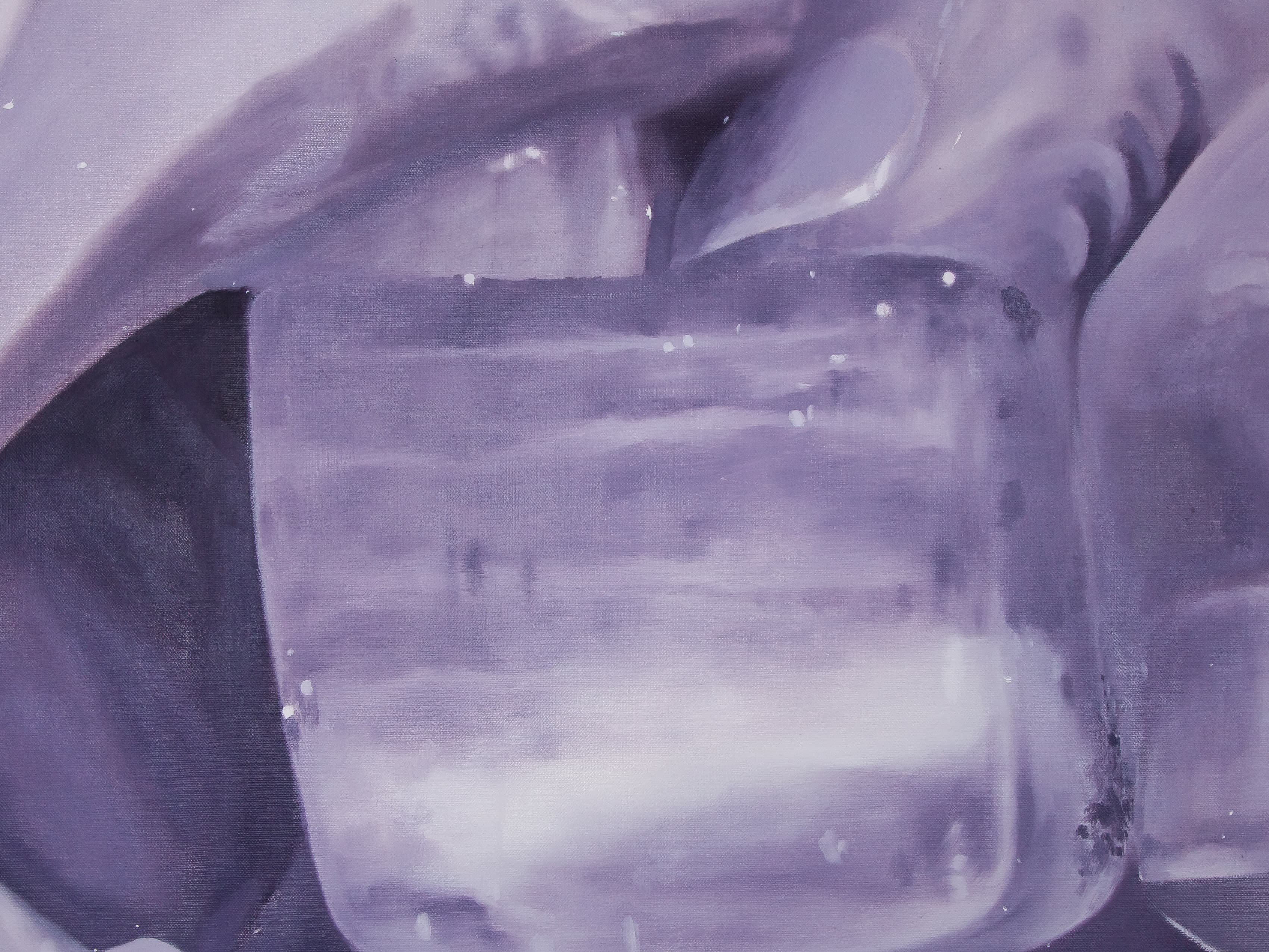 A mauve monochromatic painting by Robin Megannity of a woman biting into an ice cube