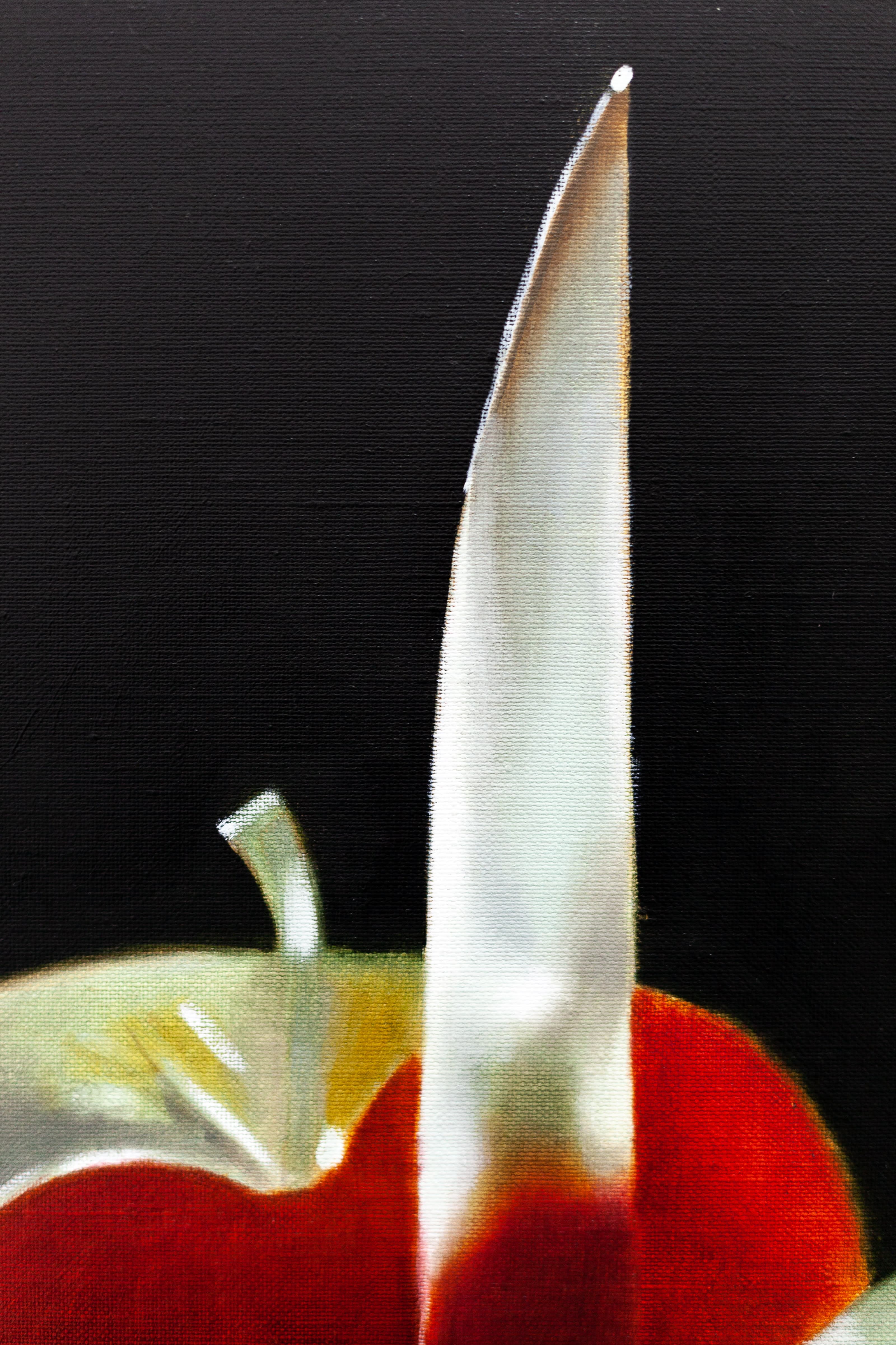 A painting by Robin Megannity of a silver metallic apple with a red core being cut half by a silver knife