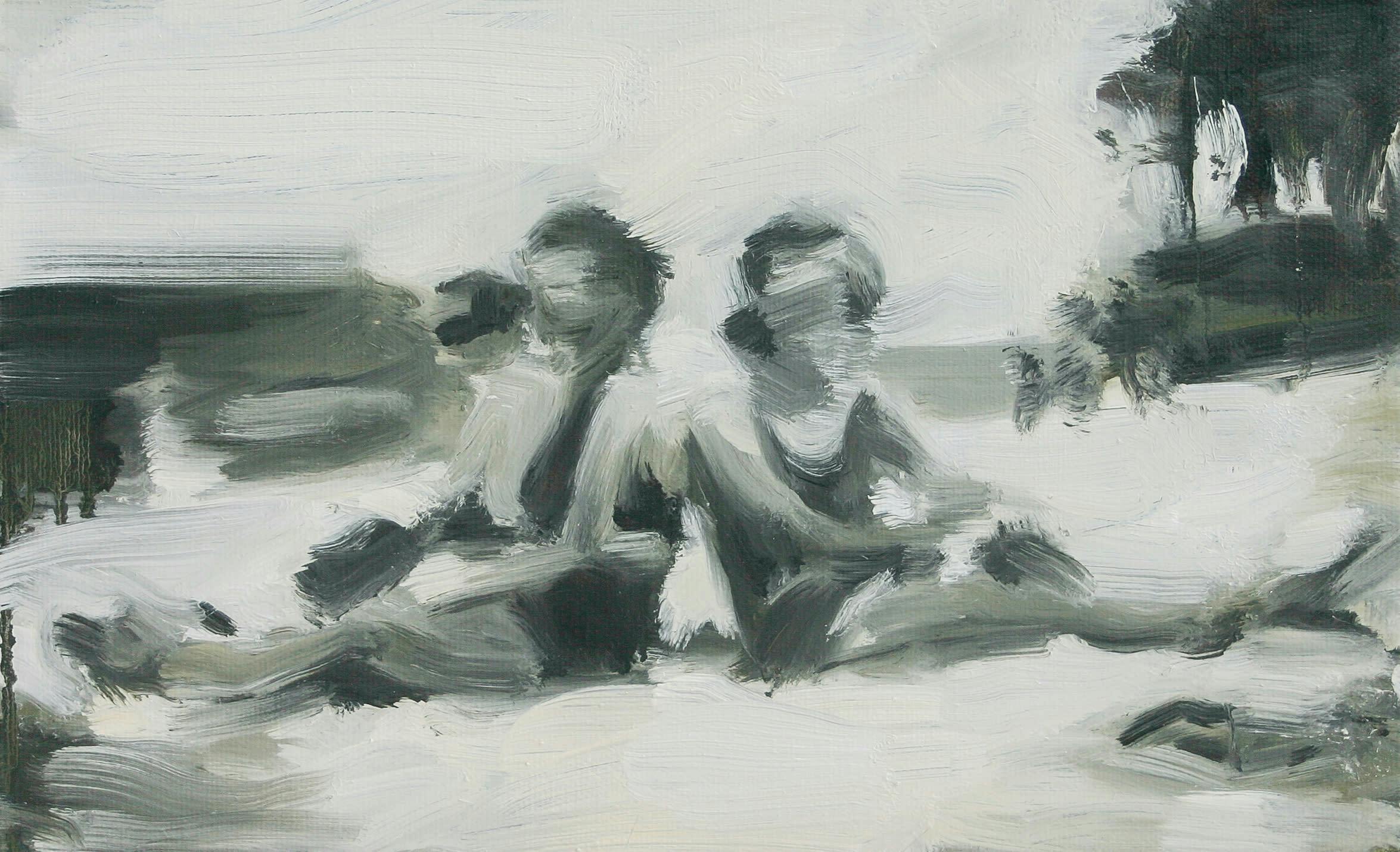 Two figures sit back to back on a beach in a cropped image of a painting by Laura Lancaster