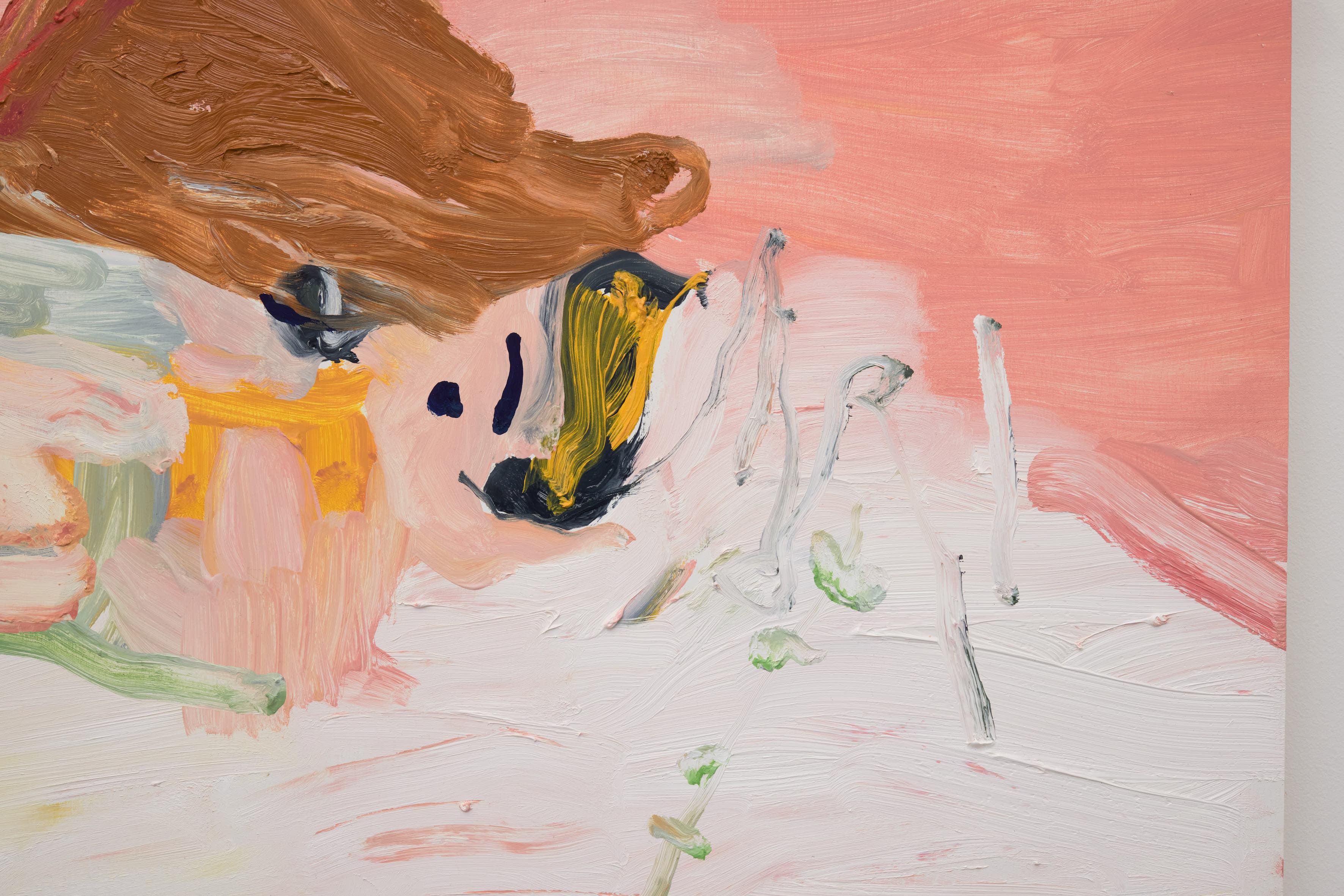 A painting by b chehayeb of a cowboy hat, cigarettes and other abstracted forms set against a loosely gestural pink background.