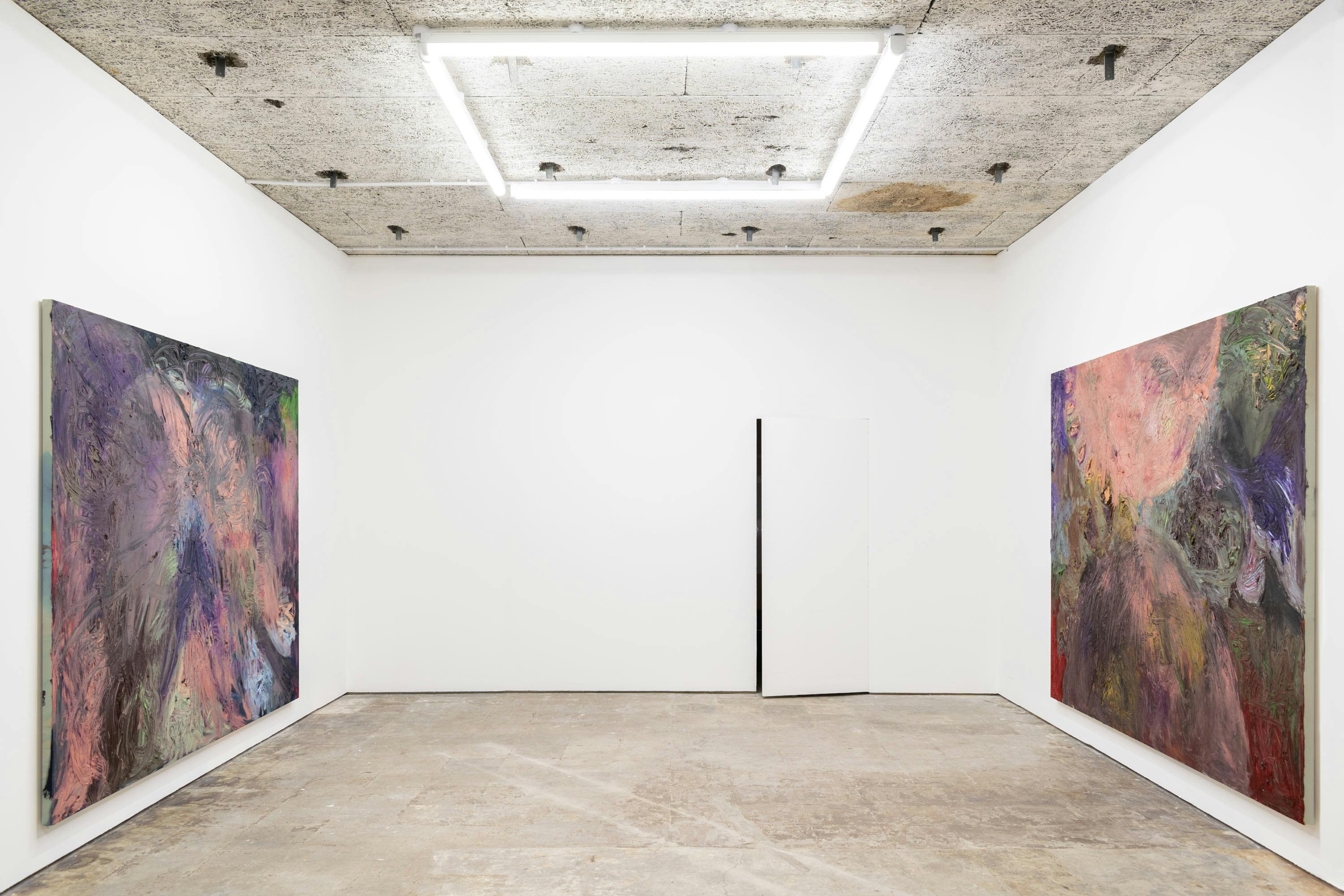 An installation by James Cabaniuk including two large abstract paintings facing one an another