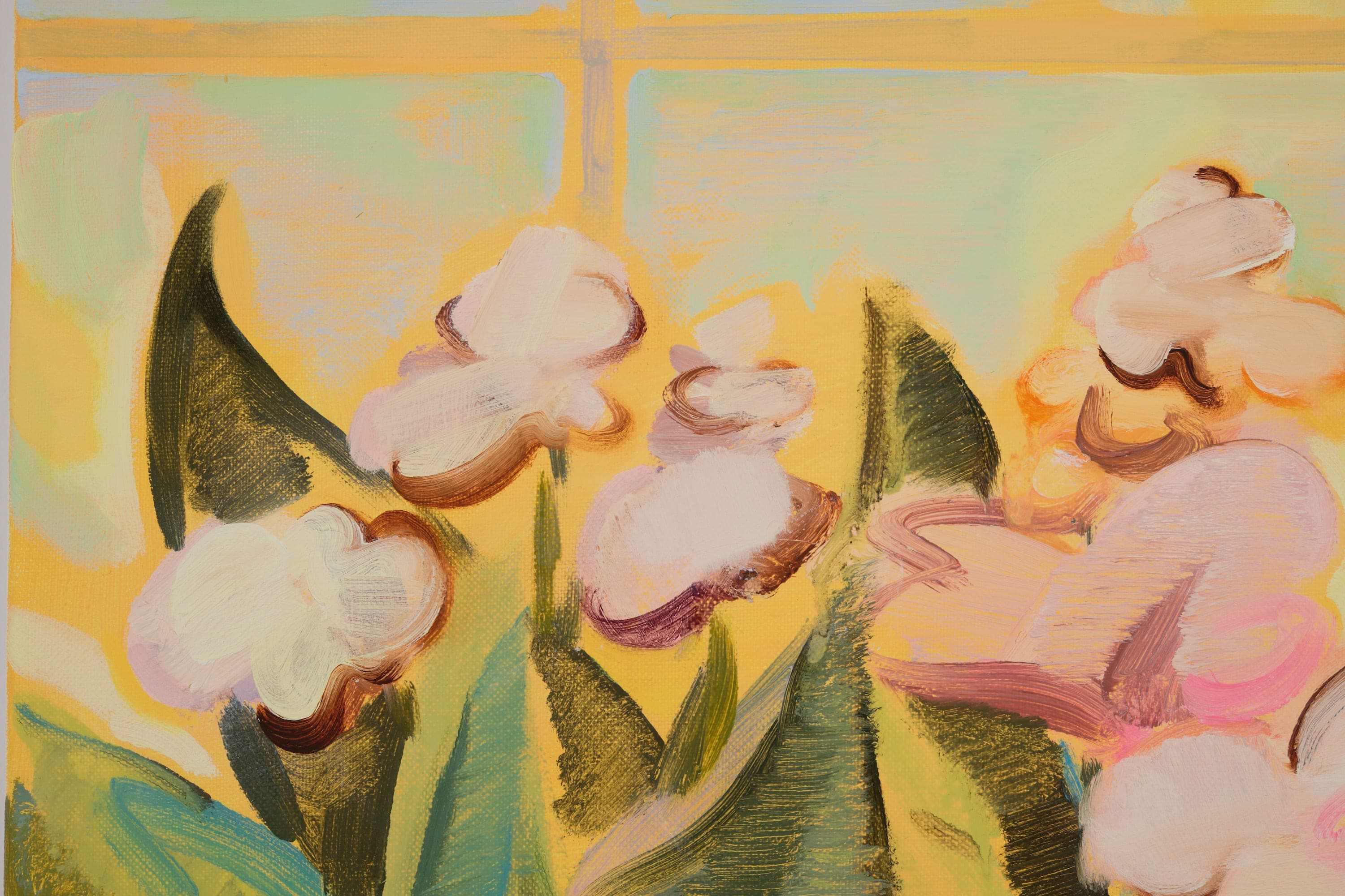 Oil on linen painting of flowers against a window setting. 