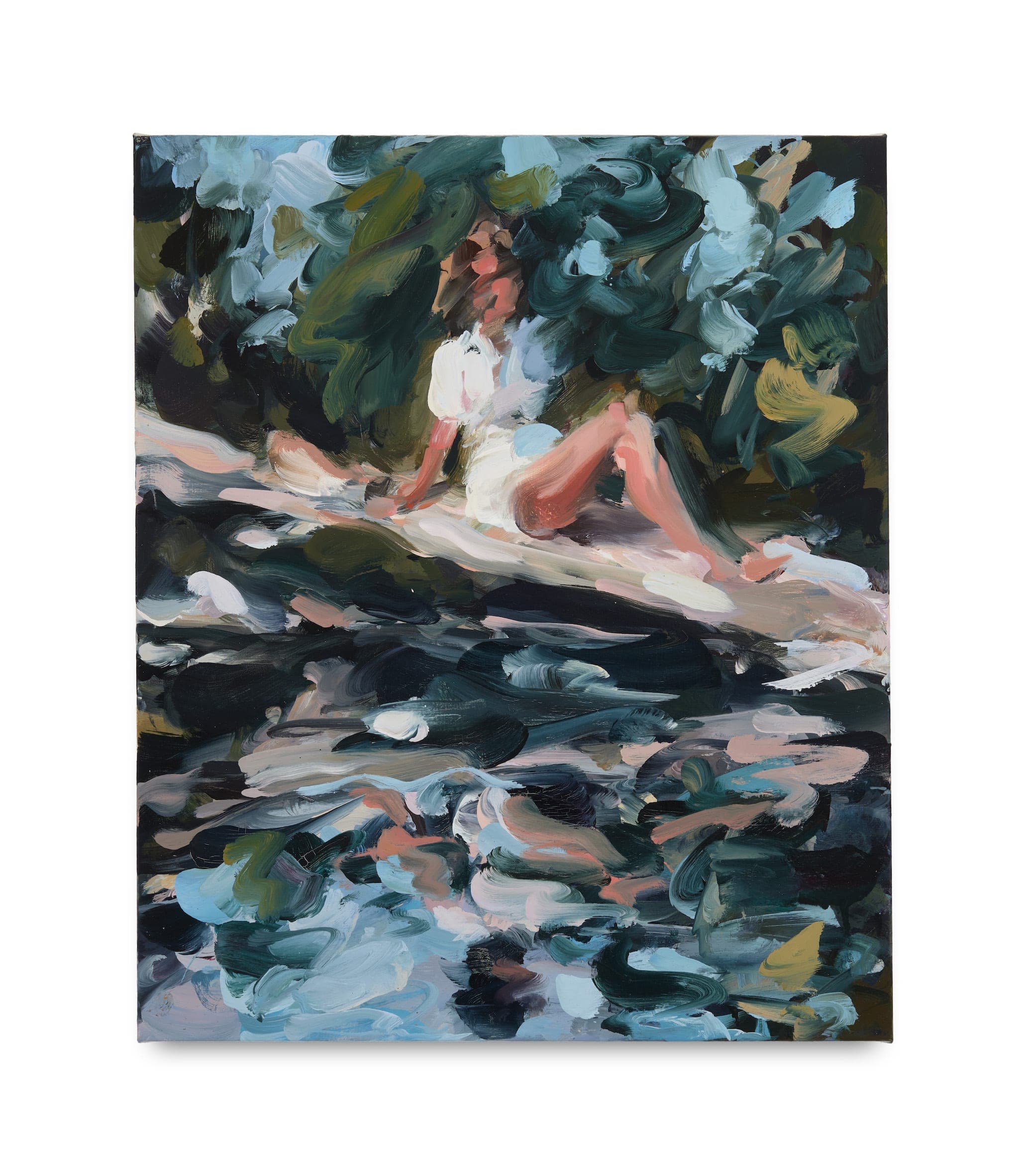 Painting of woman sat next to a body of water painted in loose brushstrokes.