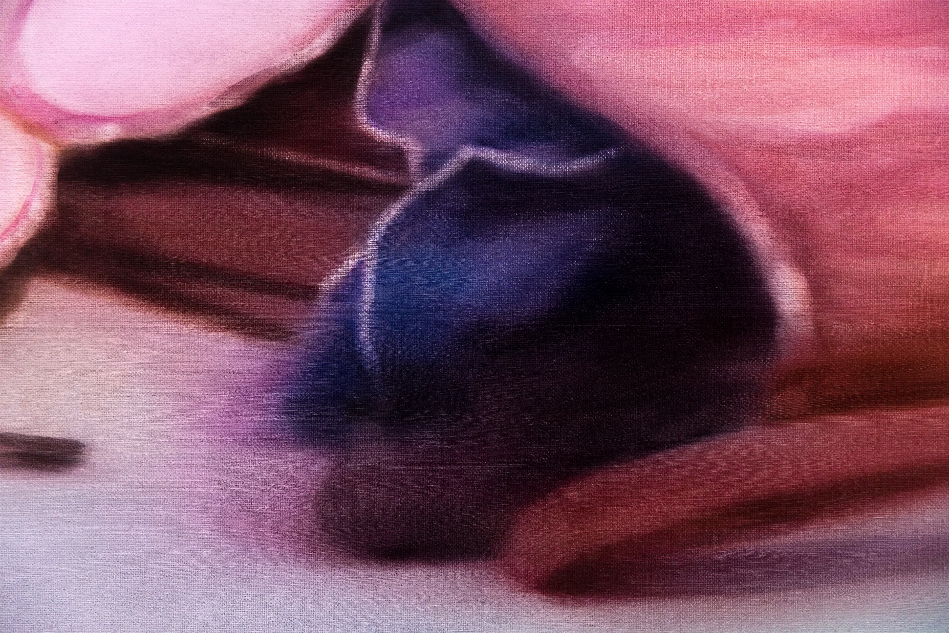 Crop of a pink painting by Rachel Lancaster of a compact mirror and other objects coming out of a bag on a table