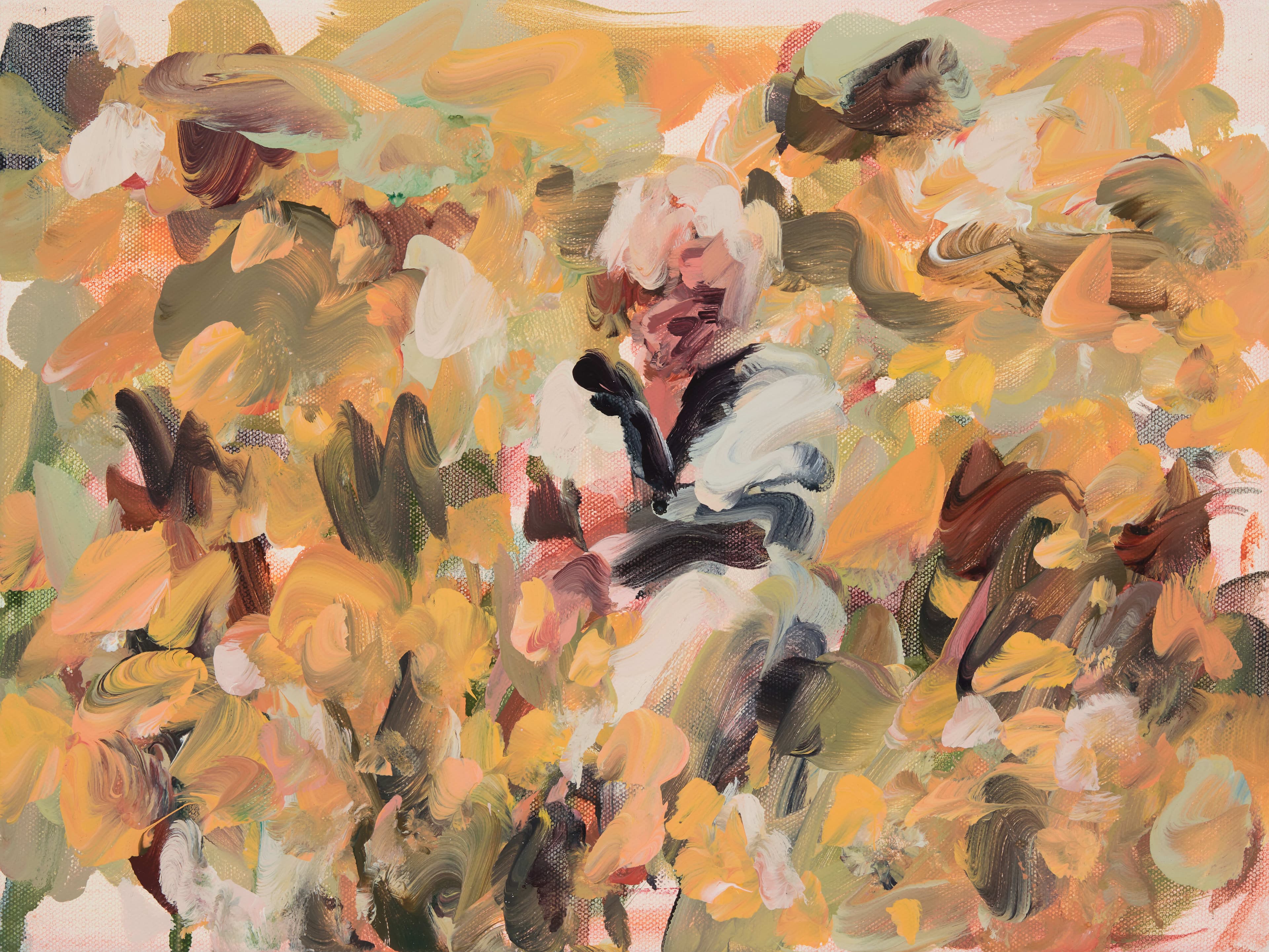 A detail of a gestural painting by Laura Lancaster of a woman sat in a golden yellow field