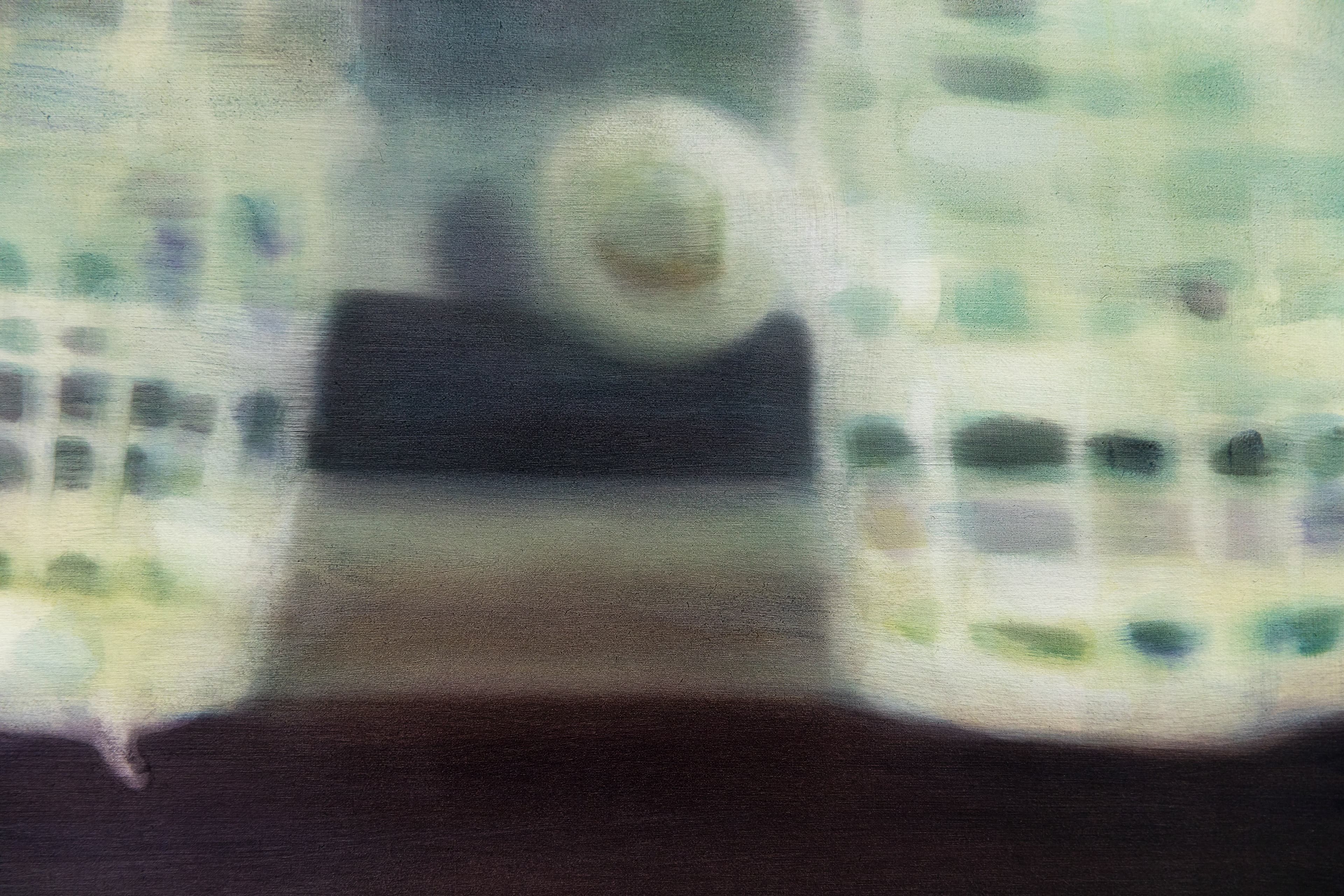 a painting of a white sheet in an interior at night 