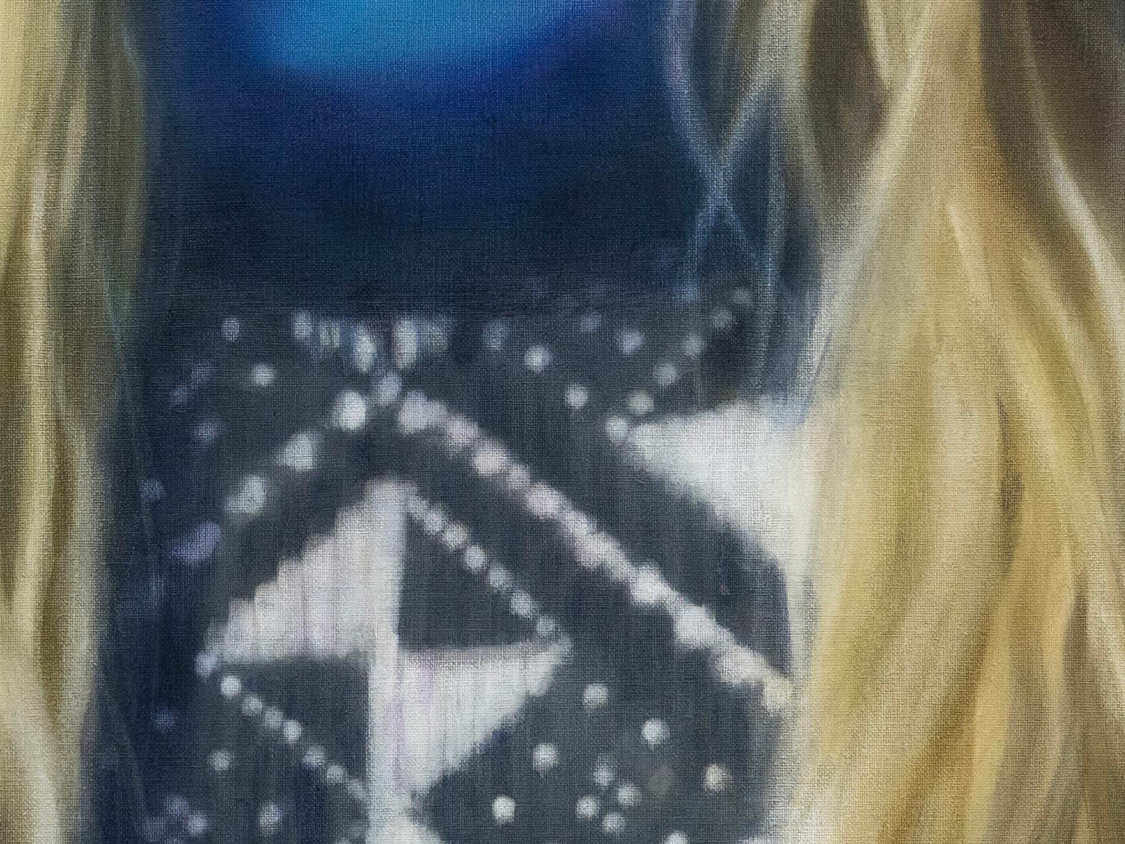 A detail of a painting by Rachel Lancaster of a blue and white knitted jumper with strands of blonde hair in front