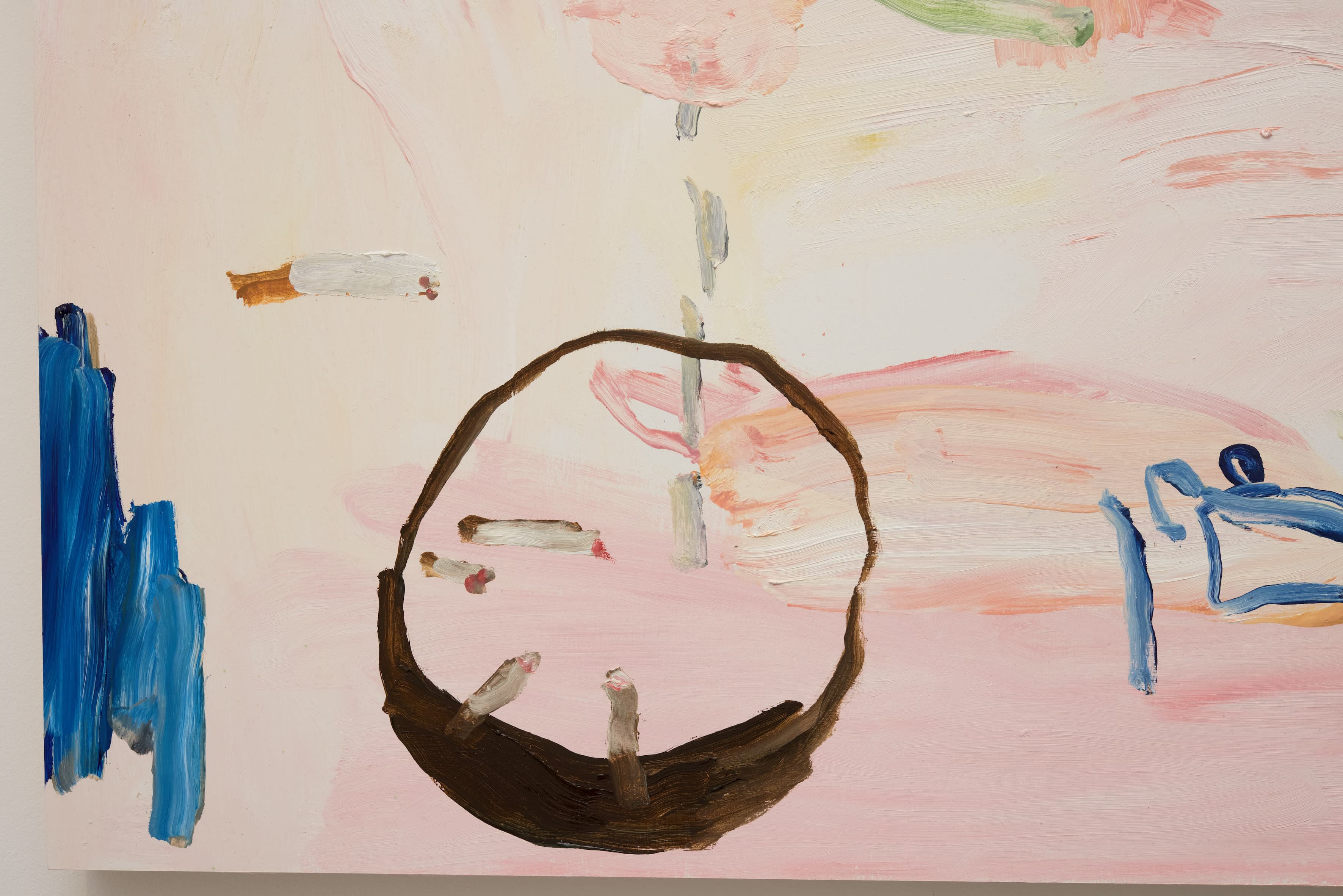 A painting by b chehayeb of a cowboy hat, cigarettes and other abstracted forms set against a loosely gestural pink background.