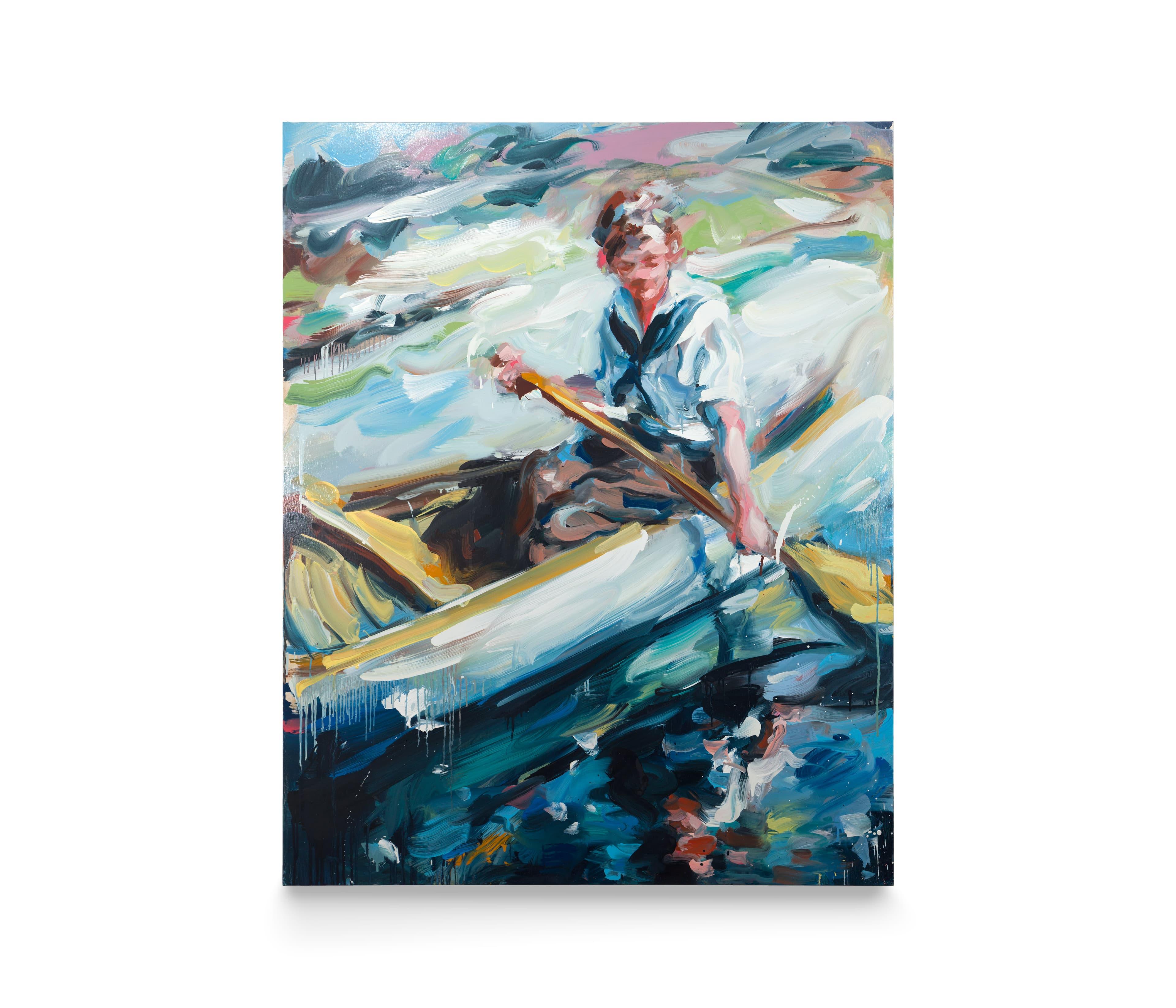 A painting of youth in a canoe on the water with oar in hand