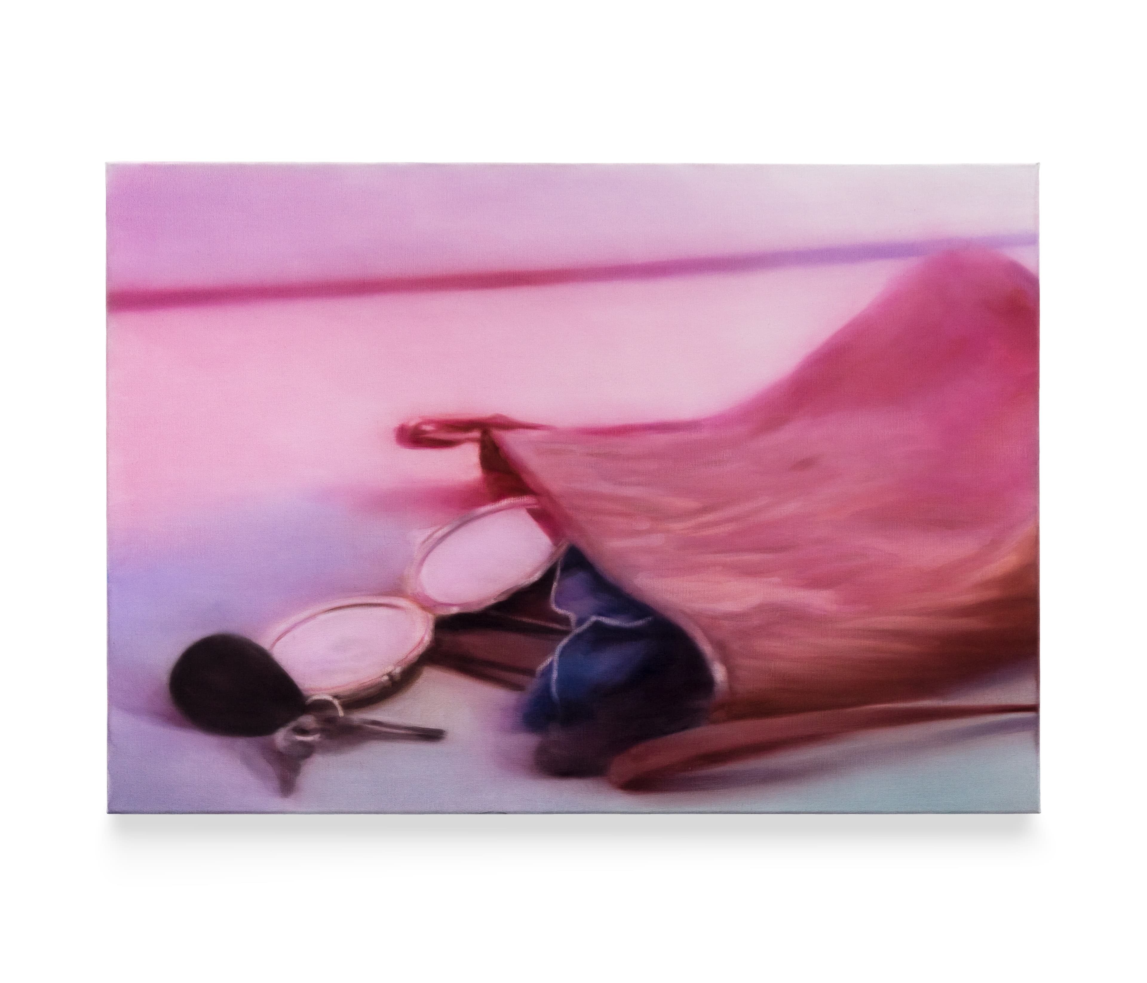 A pink monochromatic painting by Rachel Lancaster of a makeup bag on a table with various items spilling out inlcuding a mirror, keys and fabric