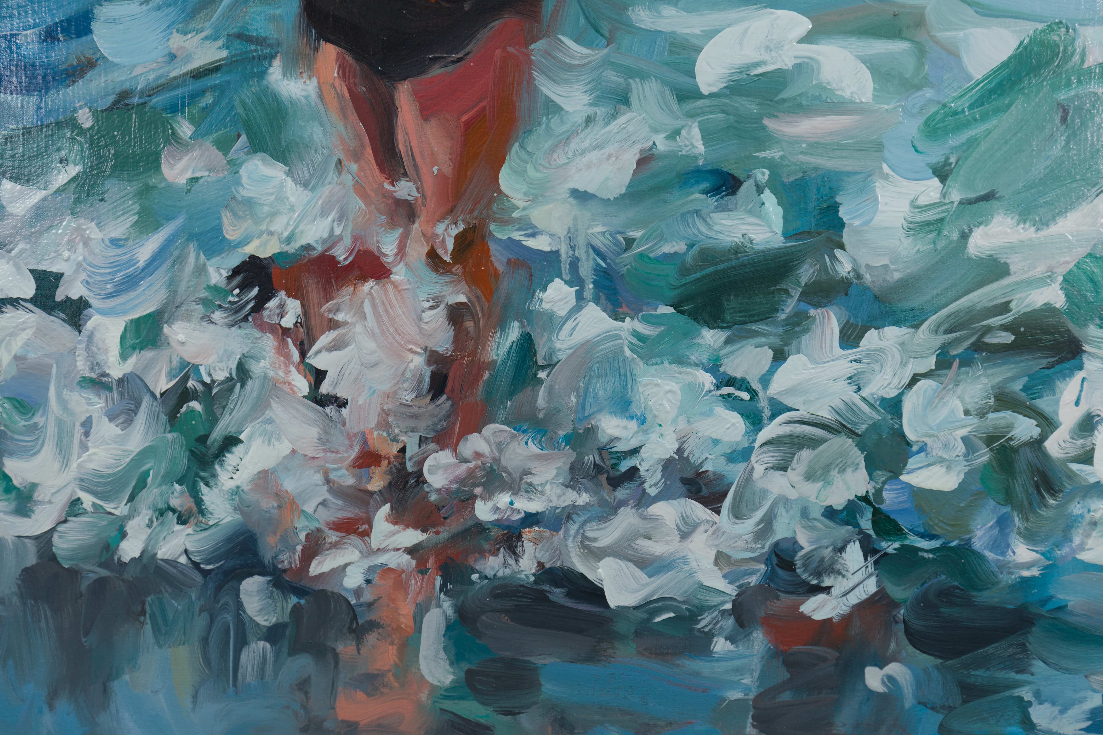 a painting by Laura Lancaster of a woman in a black bikini splashing in the waves 