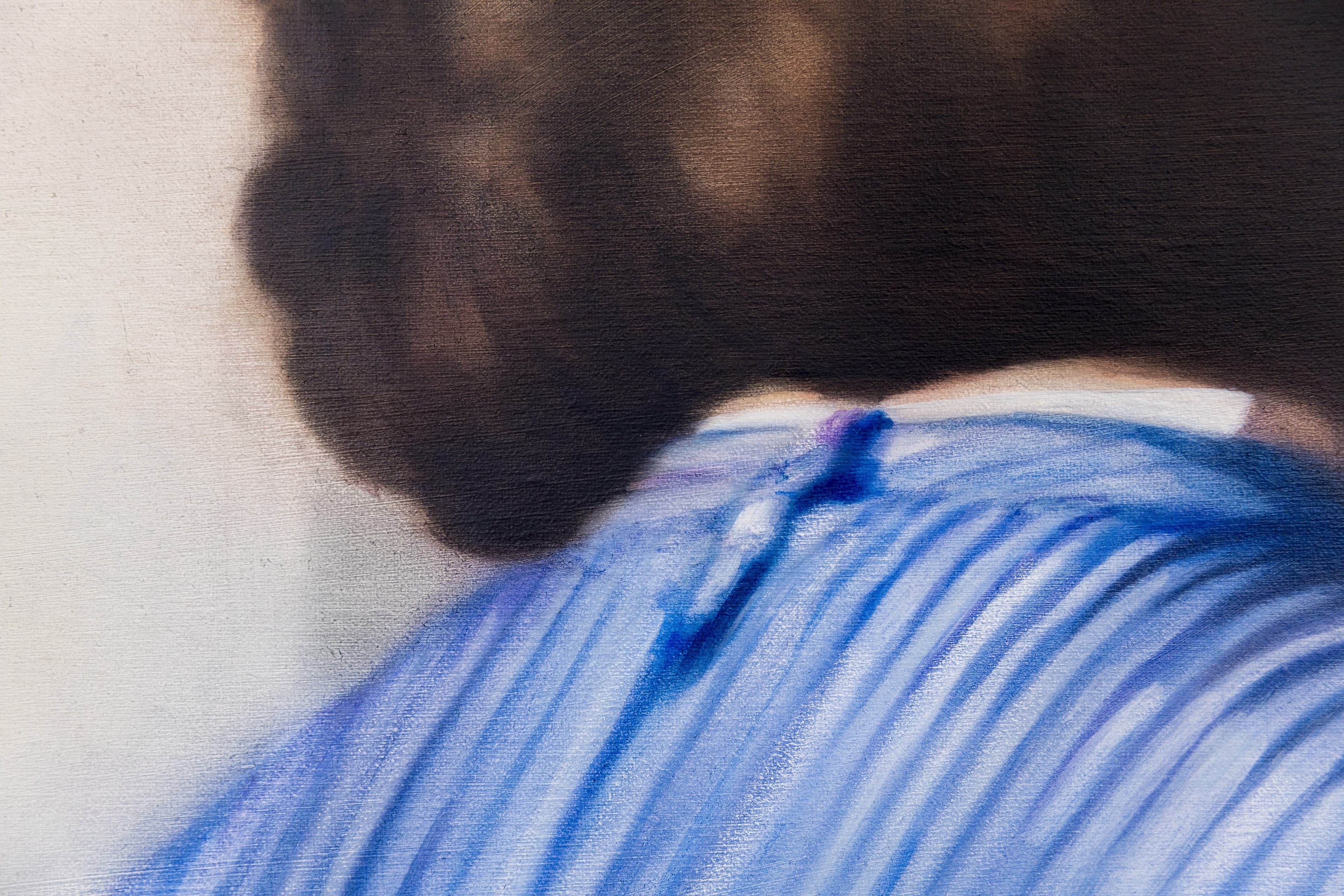 A painting by Rachel Lancaster of a the back of a female, with blue blouse and dark bob. 