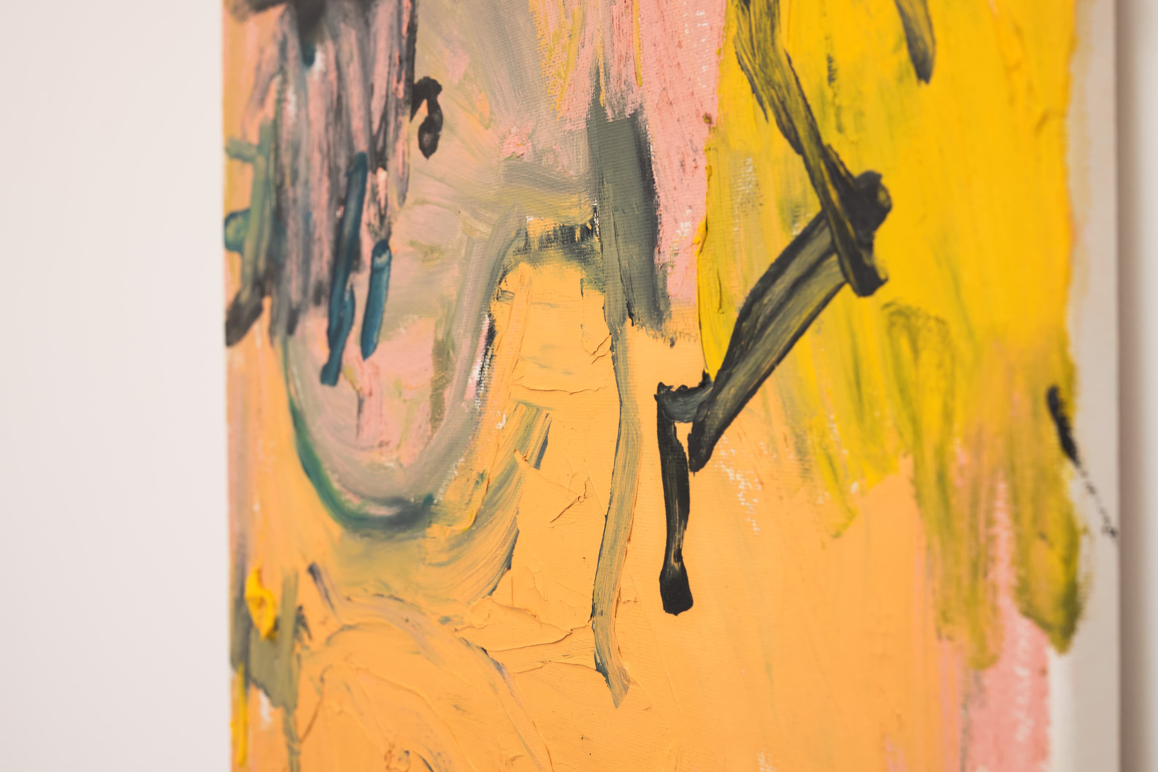  A gestural abstract painting by b chehayeb that utilises bold colours and forms to evoke personal sensory experiences.