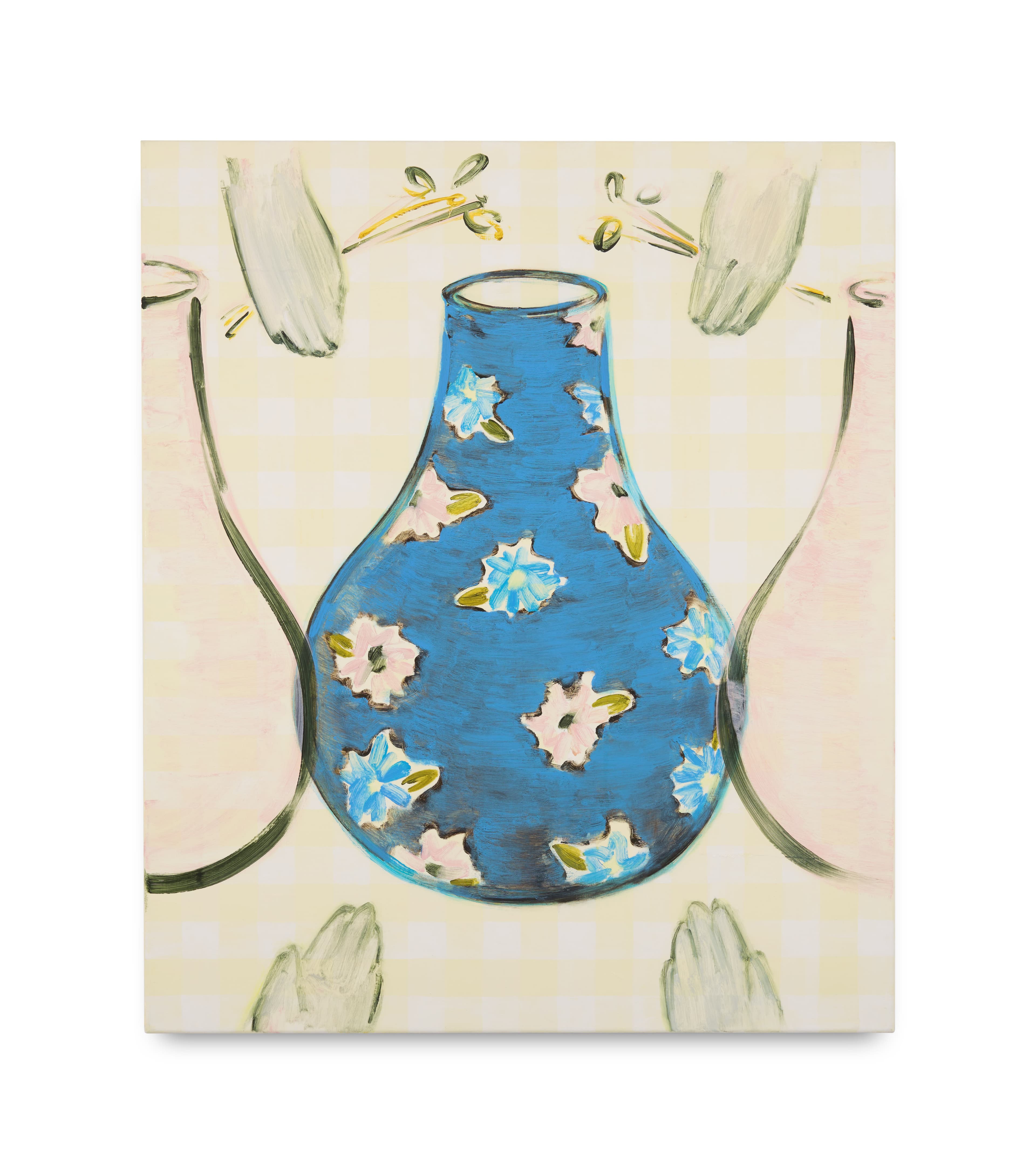 Oil on linen painting of a vase in pastel colour.