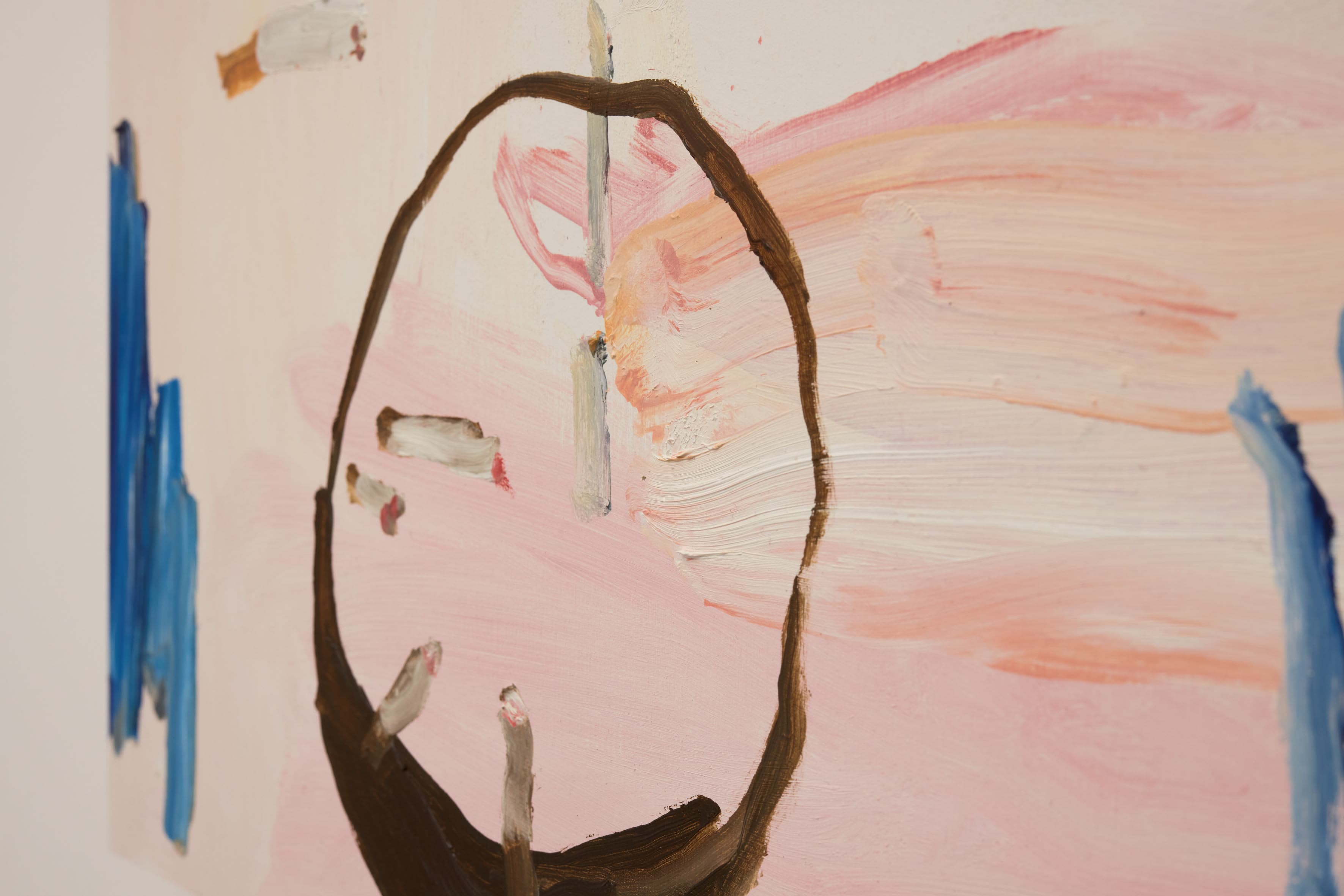 A painting by b chehayeb of a cowboy hat, cigarettes and other abstracted forms set against a loosely gestural pink background.