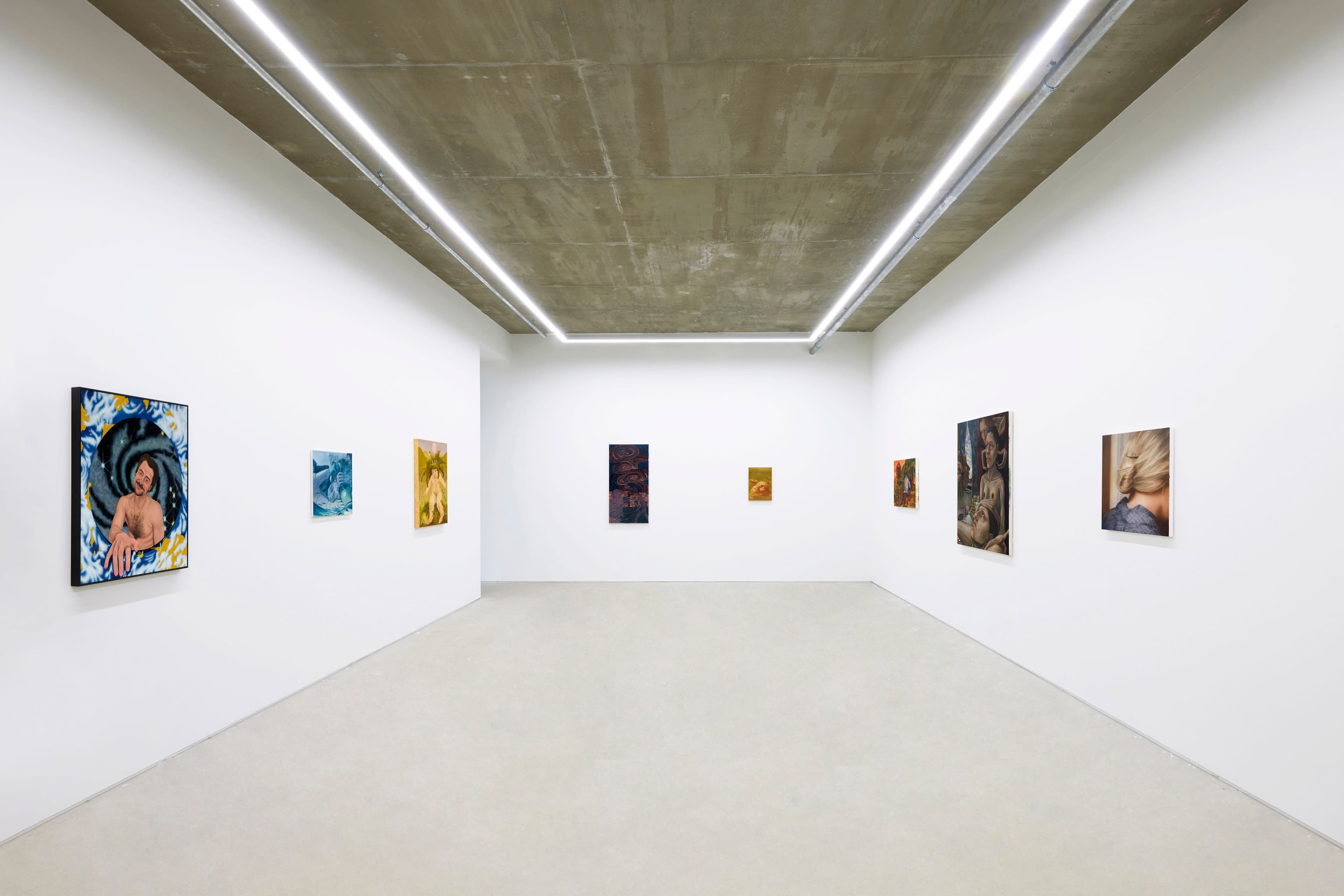 An installation view of a group painting exhibition including a painting by Rachel Lancaster