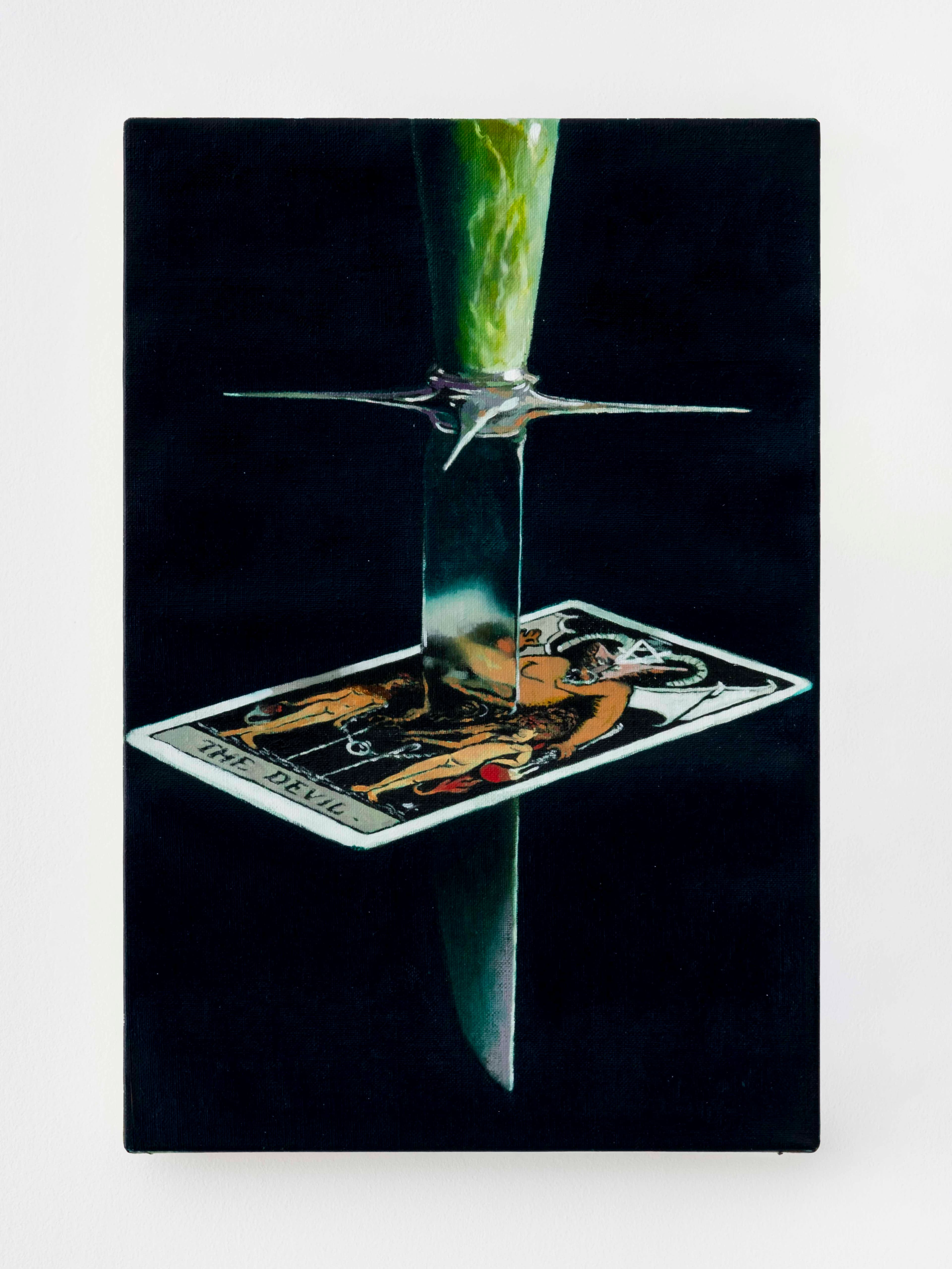 A painting by Robin Megannity of a knife impaling a playing card of the devil 