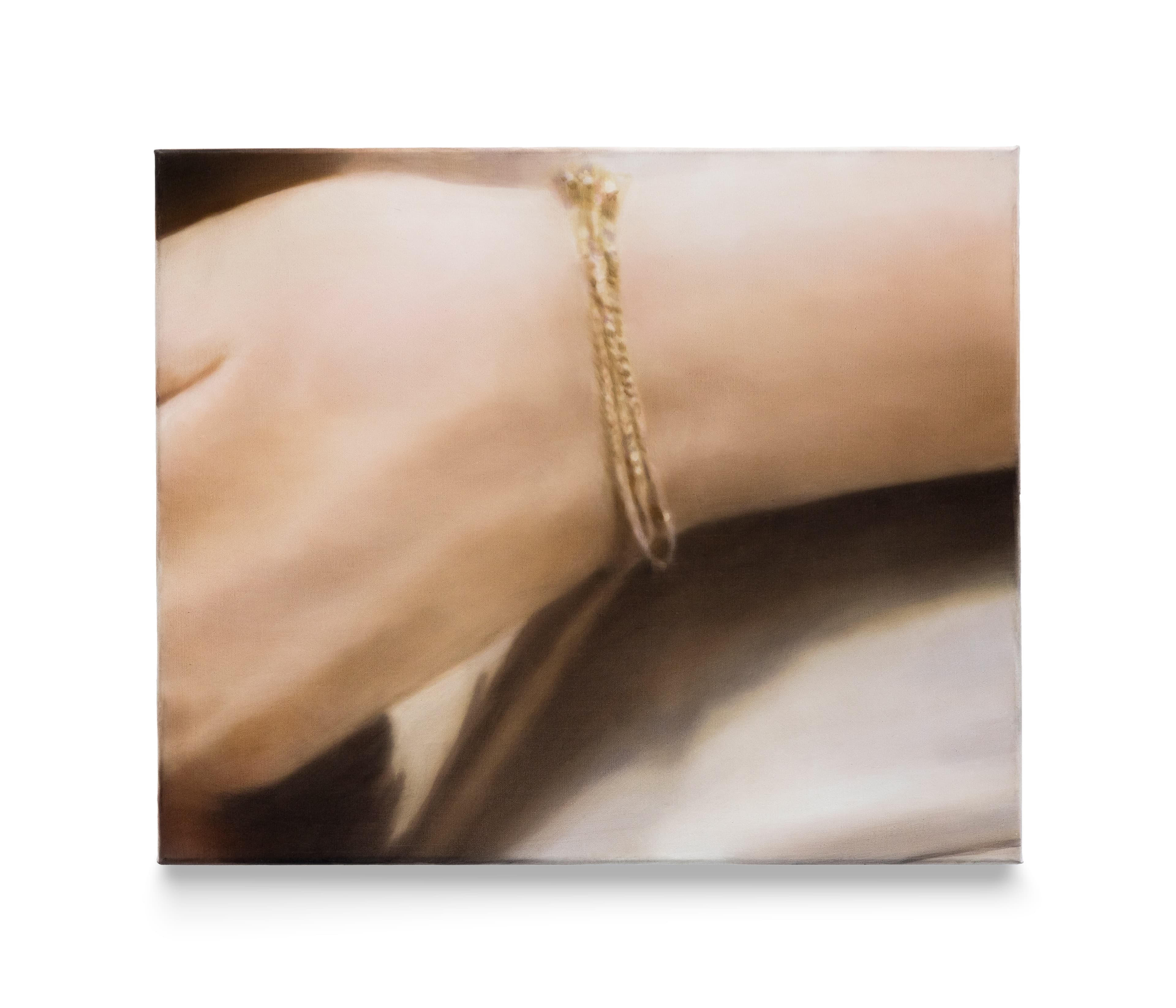 A painting by Rachel Lancaster of a close up of a wrist wearing a gold bracelet