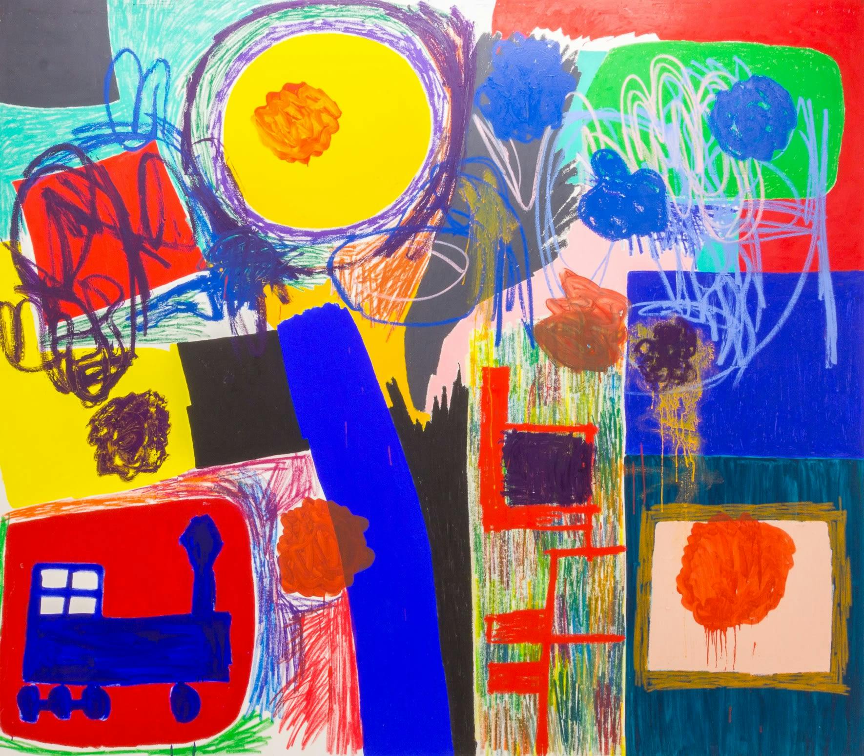 A detail crop from Jannis Varelas painting. Bright primary colours create a childlike narrative. 