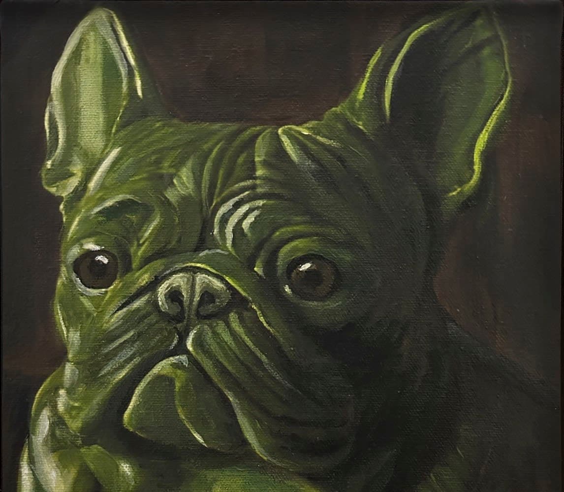 A painting by Maria Meyers of a green french bulldog against a black background