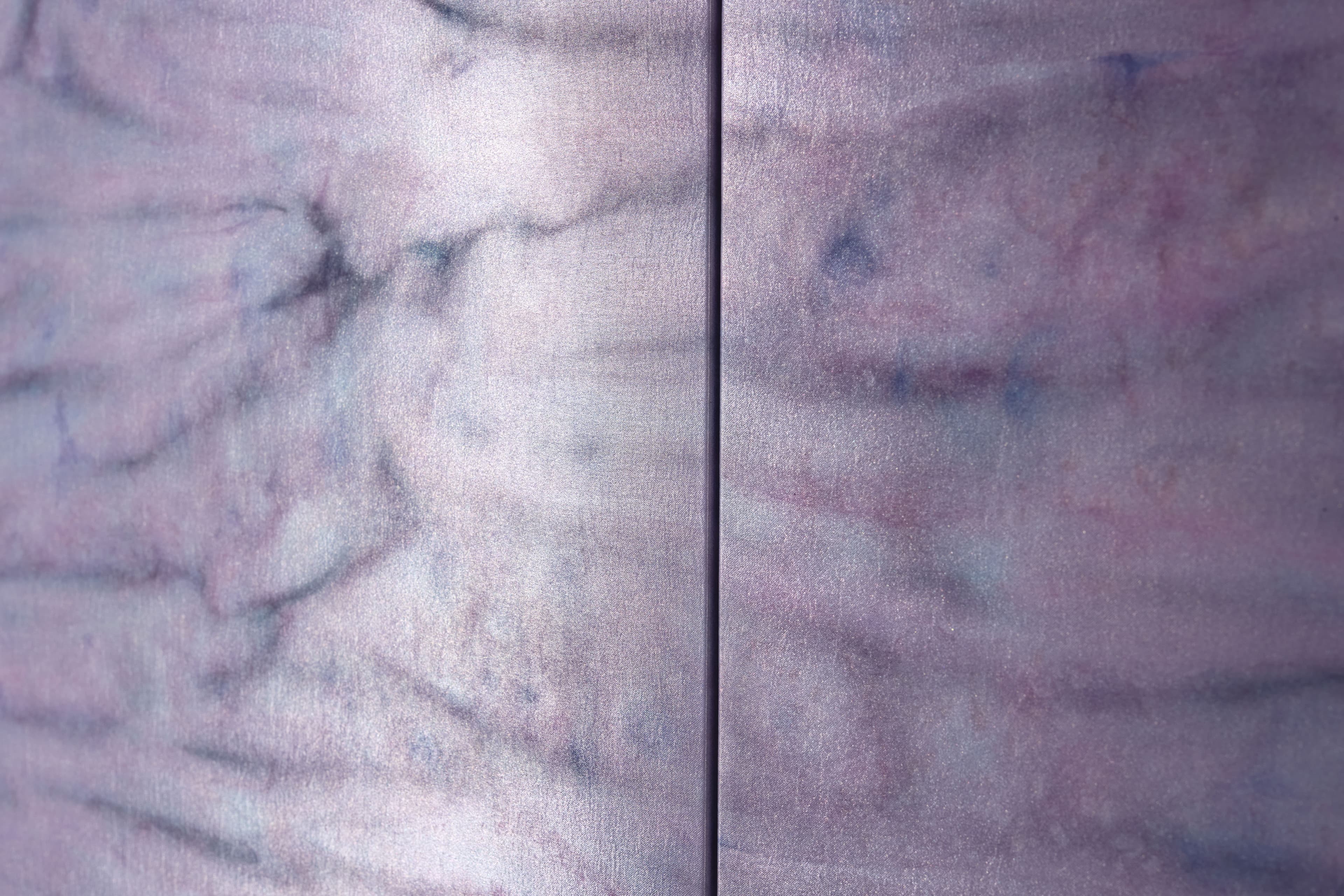 Large diptych painting by Max Boyla. Dark purple horizontal line markings on a lighter purple background.