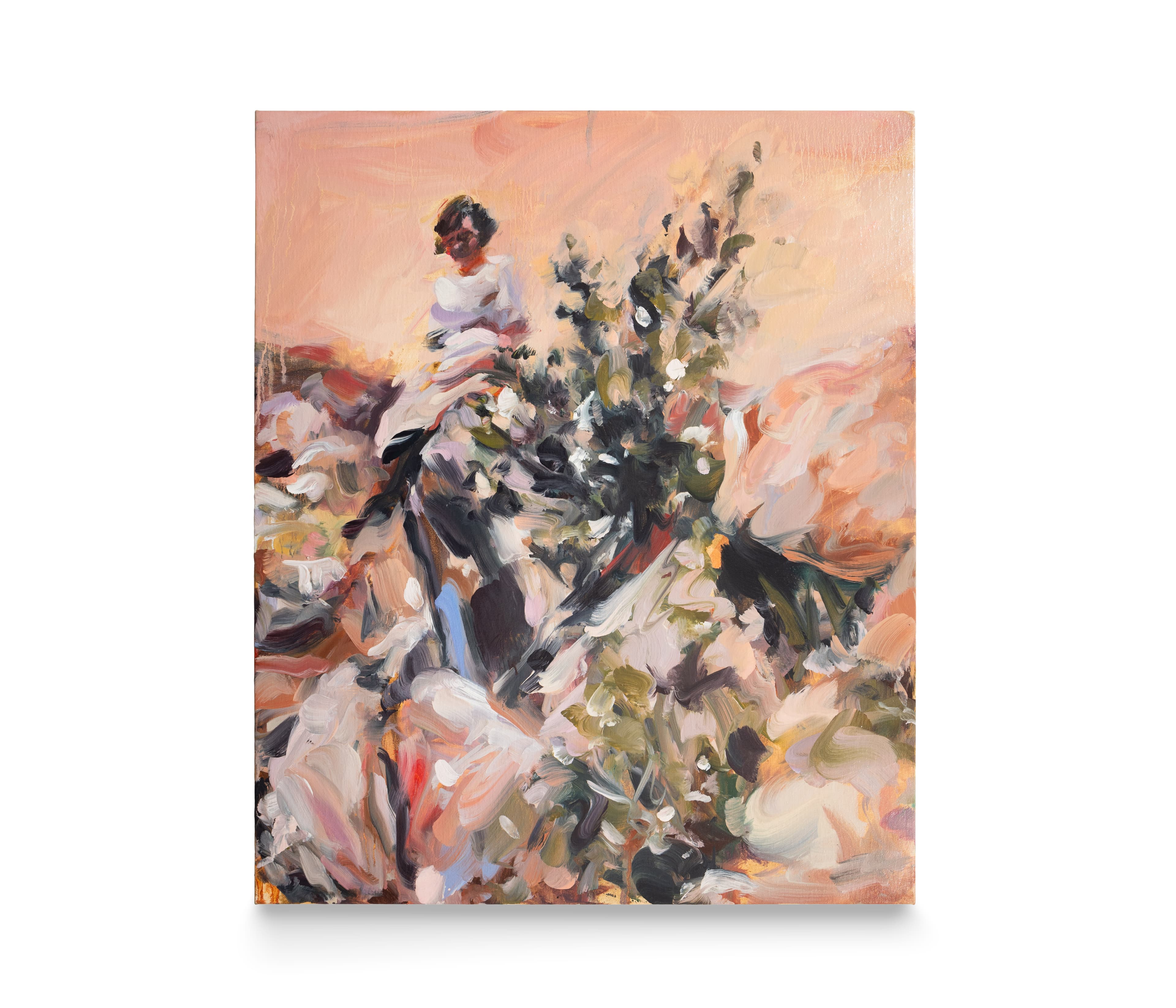 a pink painting of a woman behind a tree, descending a rocky hillside