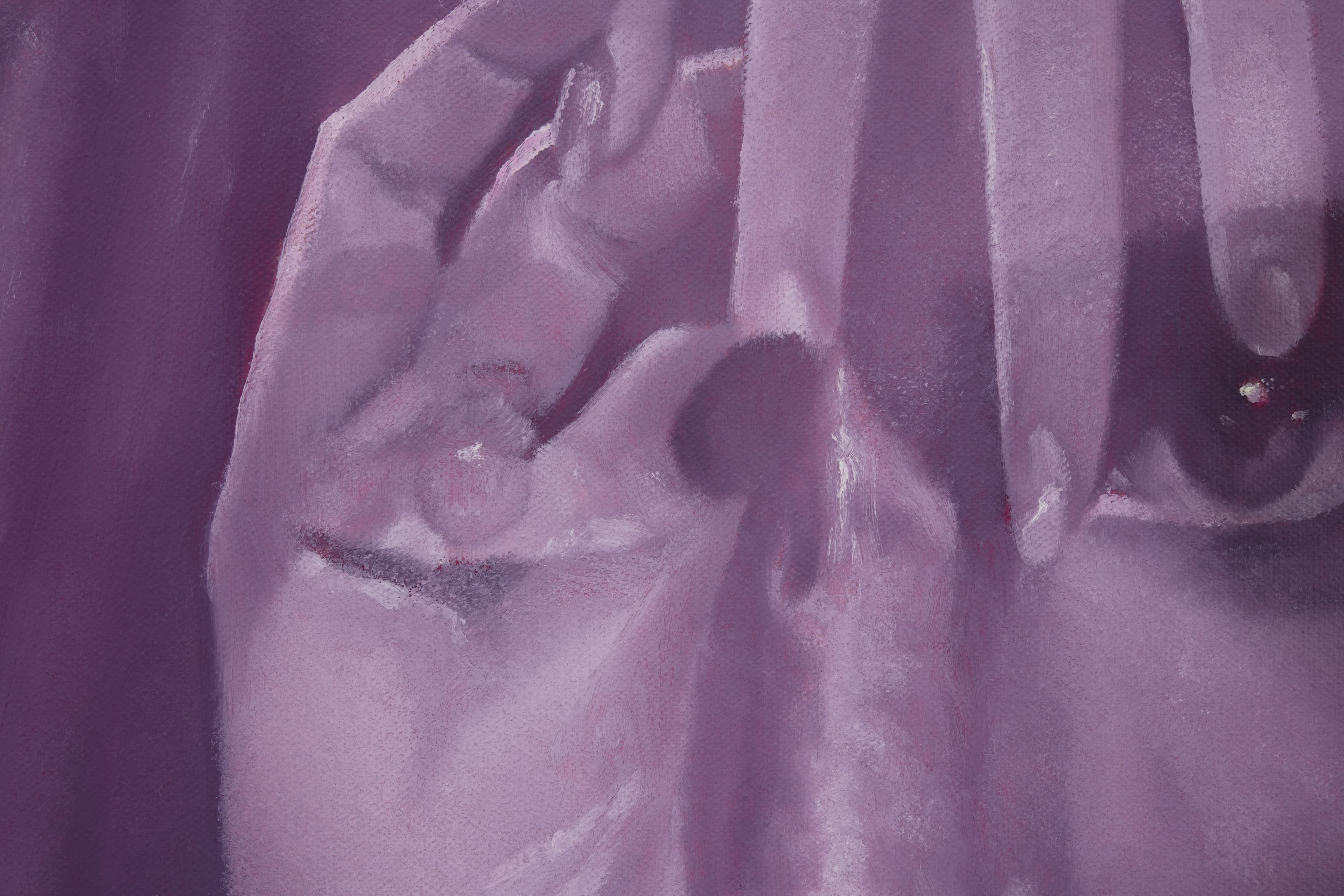 Small oil painting by Julia Maiuri. Two scenes superimposed on top of each other showing a portrait of a woman's head and two hands reaching out. Painting is purple