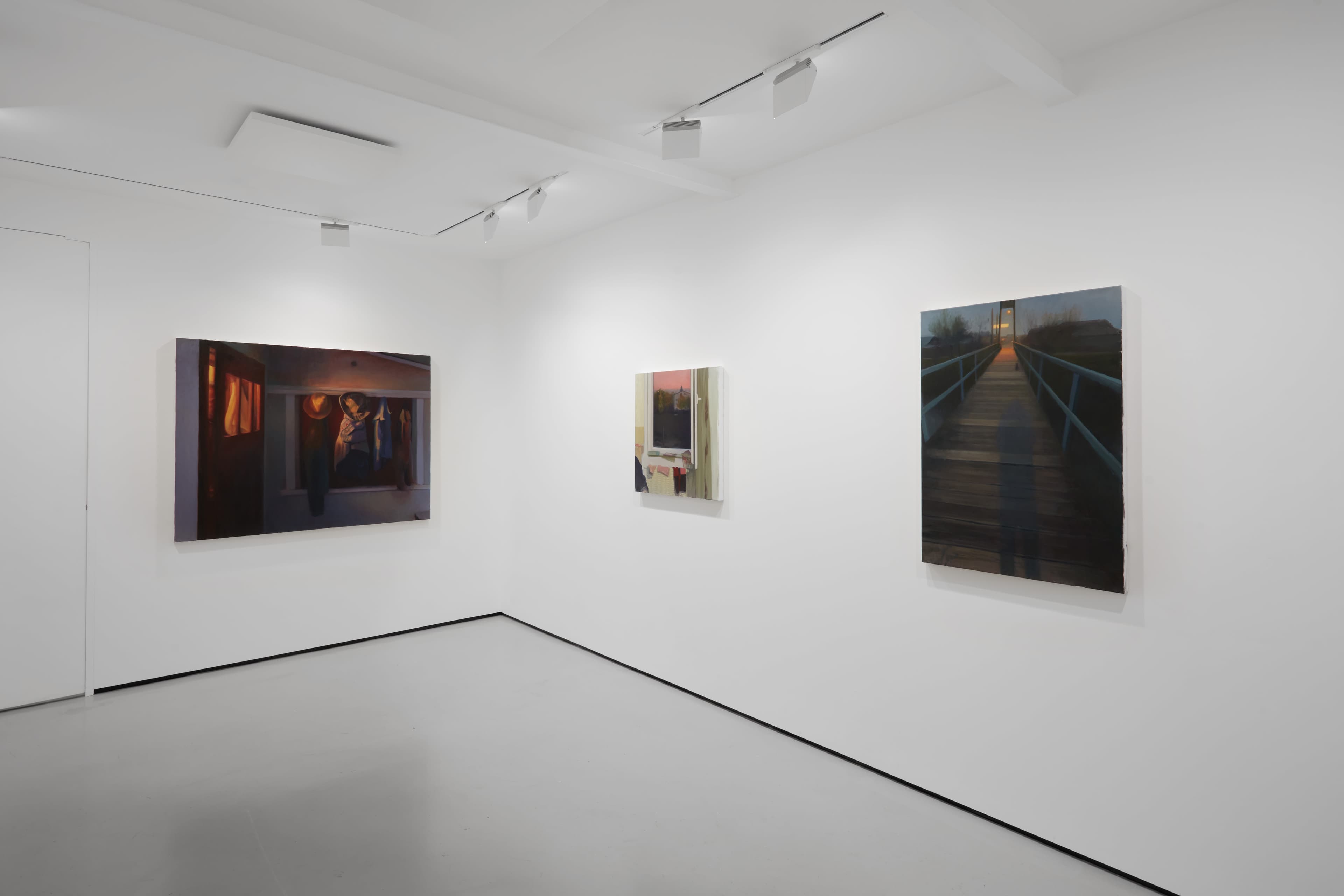 Installation shots of Cristian Avram's exhibition 'Lapse' at Workplace in London. An exhibition of oil paintings in a minimal white gallery space. 