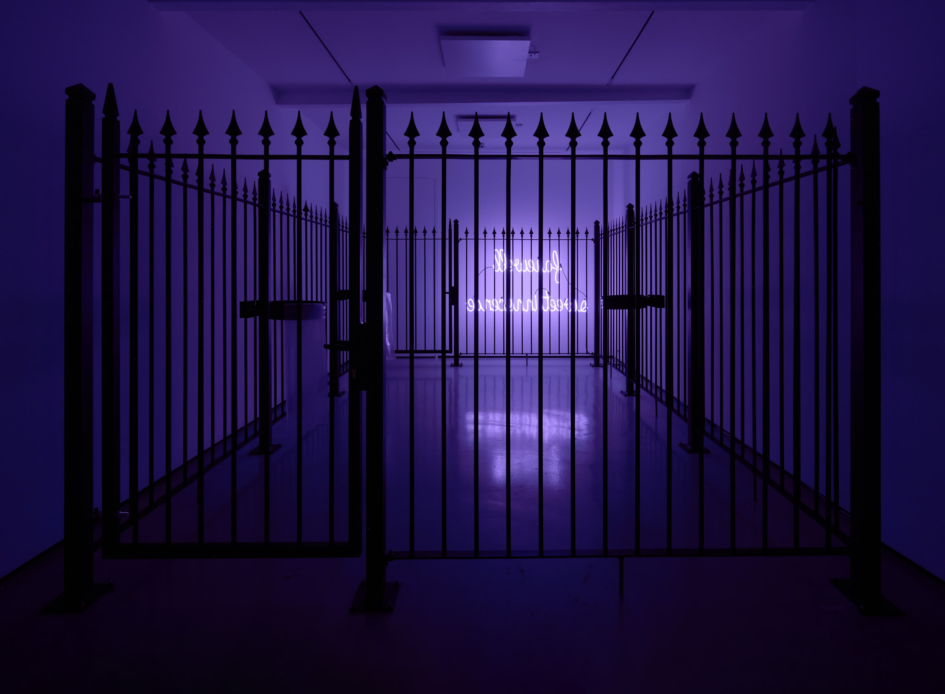 Photographe of  ɘɔnɘɔonni Ɉɘɘwƨ llɘwɘяɒʇ, 2023 by Simeon Barclay, consiting of a Metal fence, neon, plastic, metal bin holders, metal fixings. The black metal railings are lit by the purple glow of the neon text. 