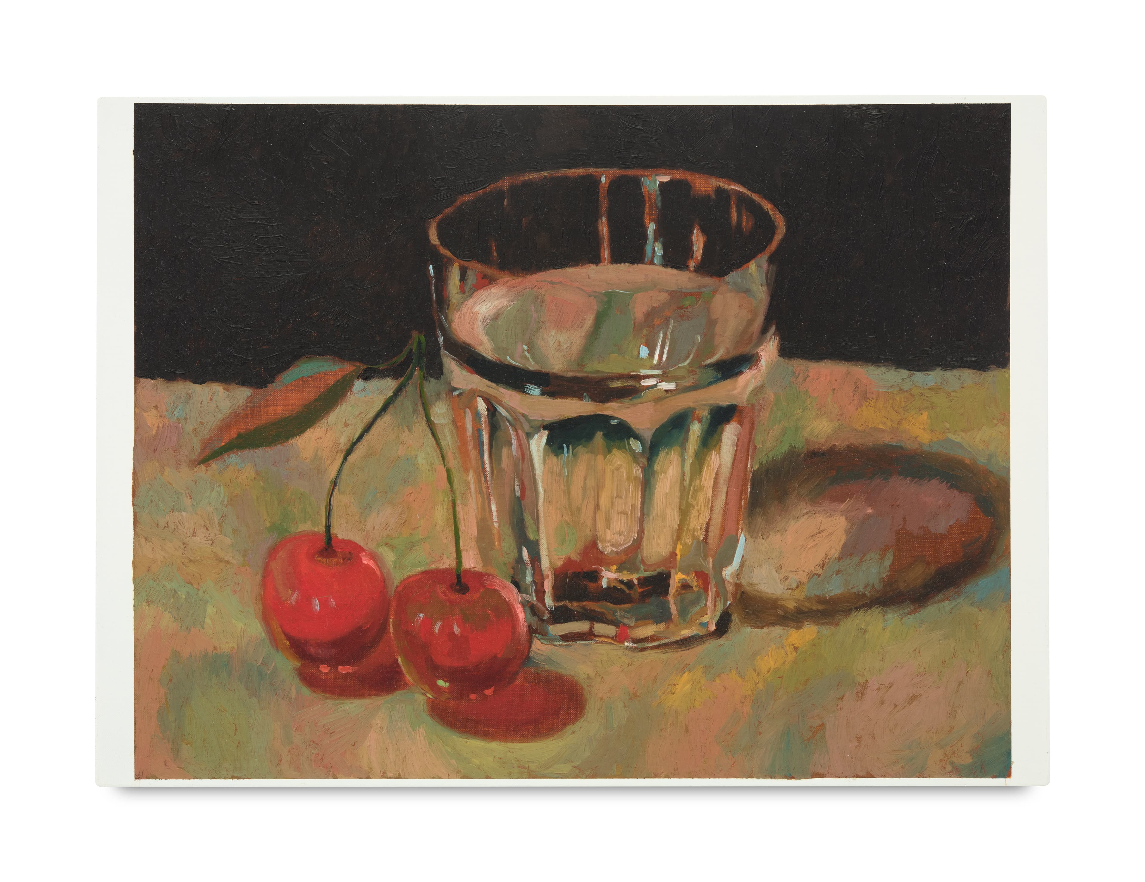 Oil on linen painting of a glass of water and a cherry