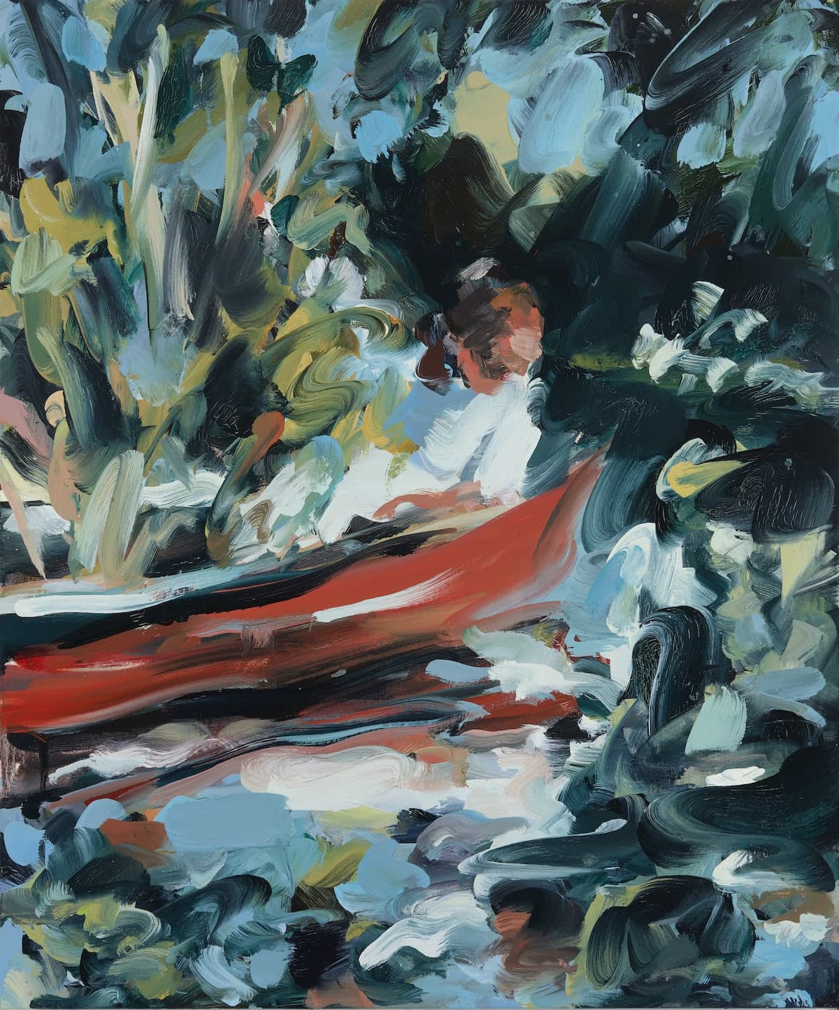 A painting by Laura Lancaster of a figure stoof in a body of water next to a red canoe