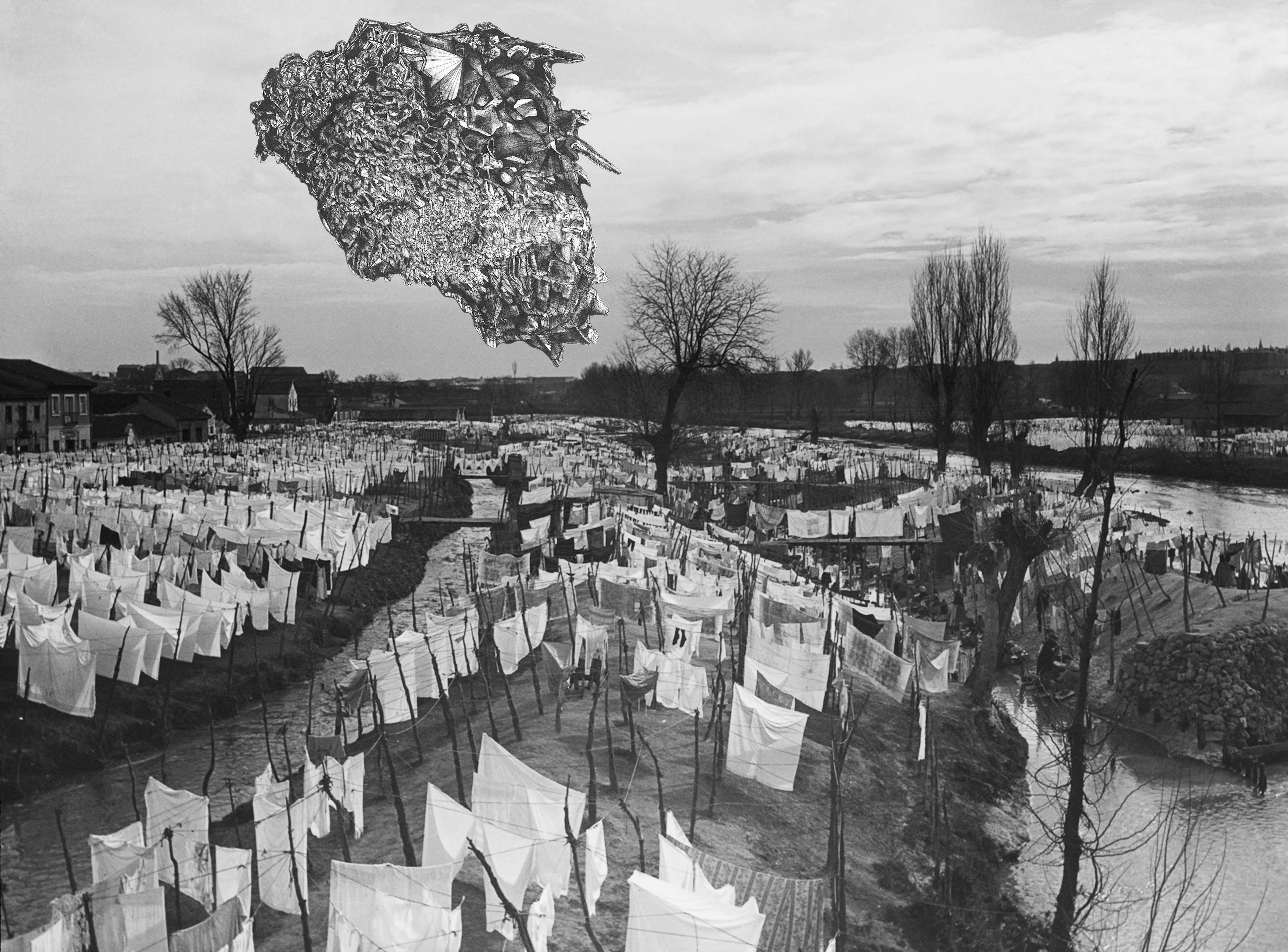 A black and white image of a drawing of an alien object floats above a landscape of sheets hanging to dry