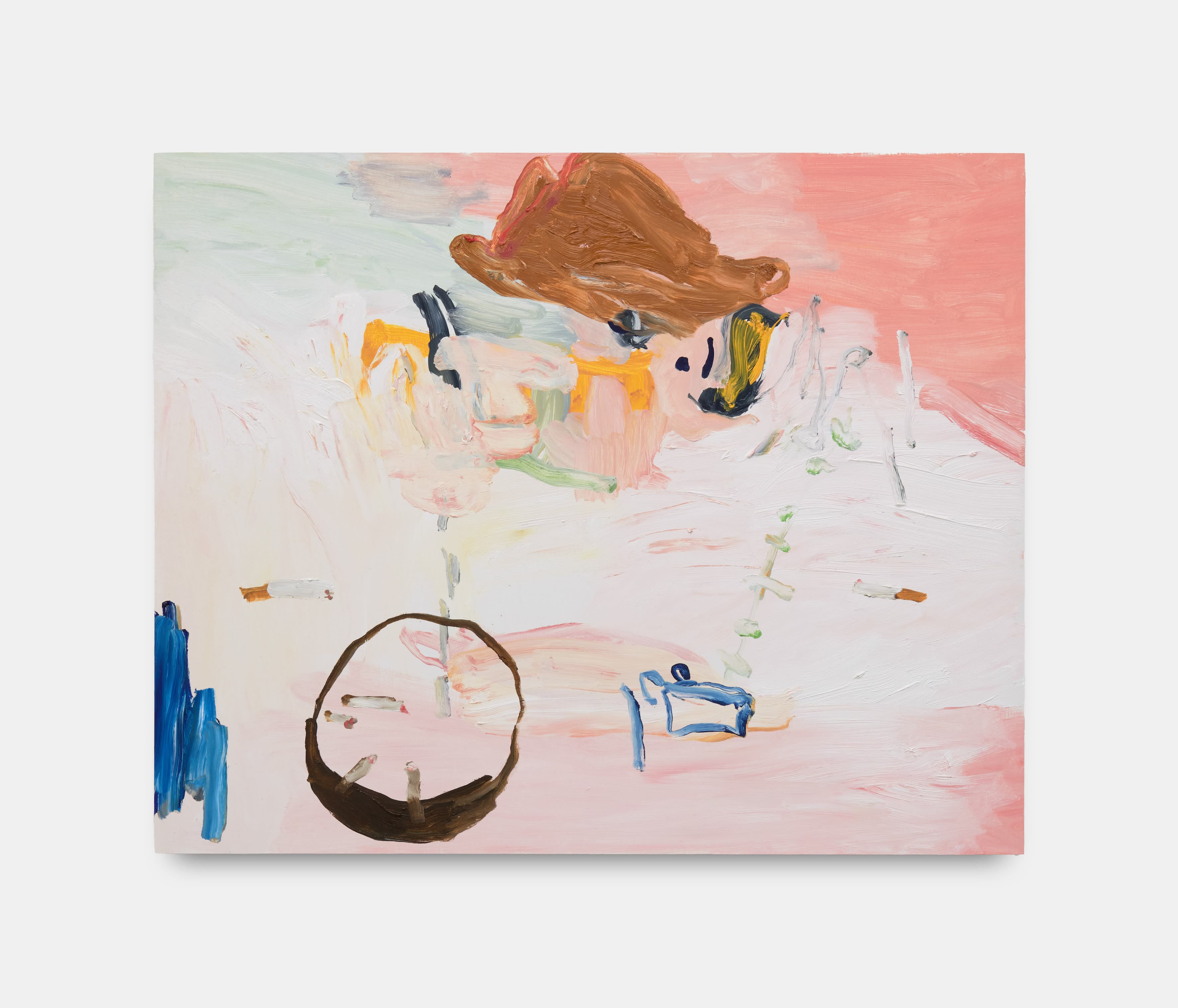 A painting by b chehayeb of a cowboy hat, cigarettes and other abstracted forms set against a loosely gestural pink background.