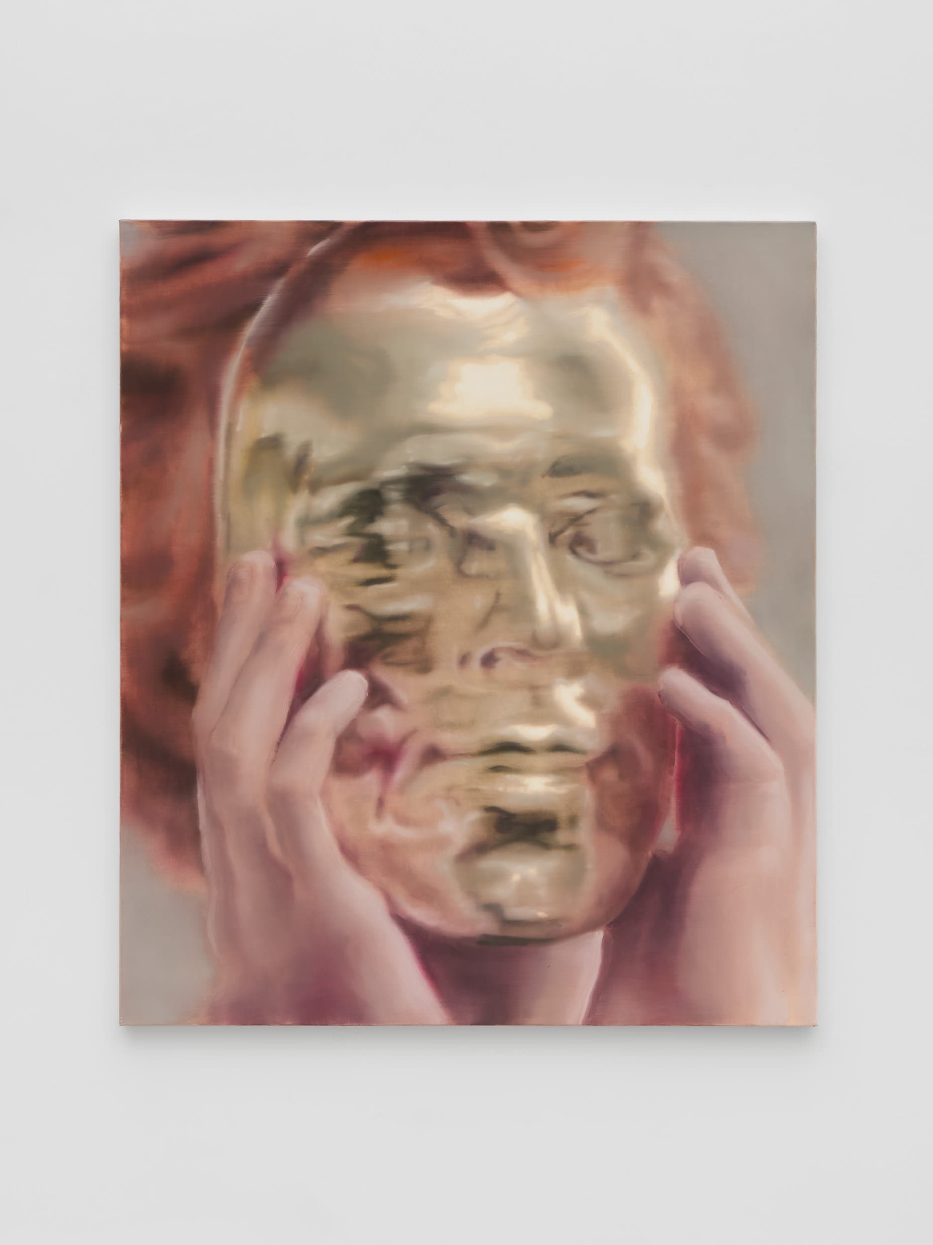 A painting by Tomas Harker of a person holding a golden mask up to their face