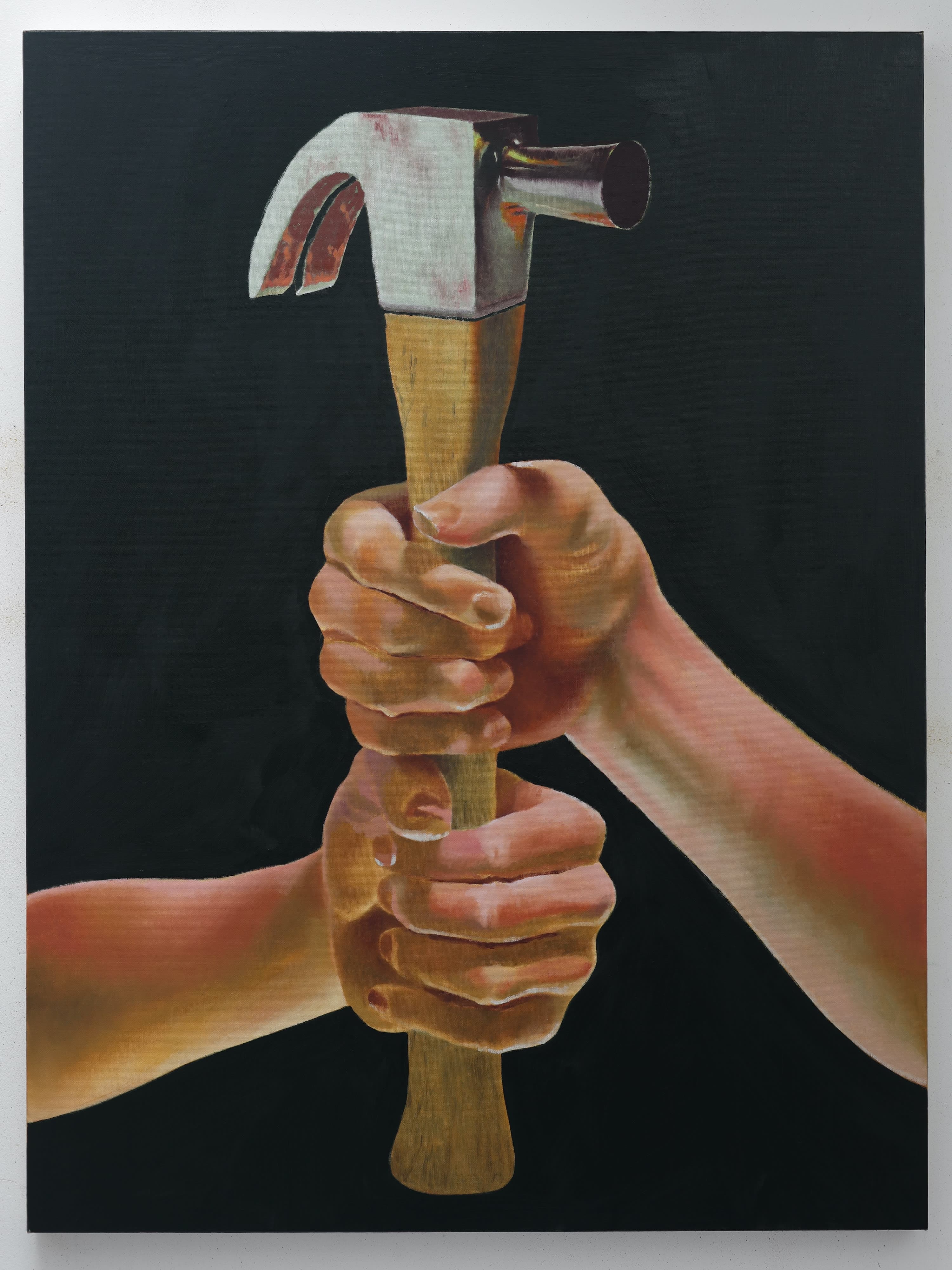 A painting by Robin Megannity of a a hammer being gripped by two hands against a black background