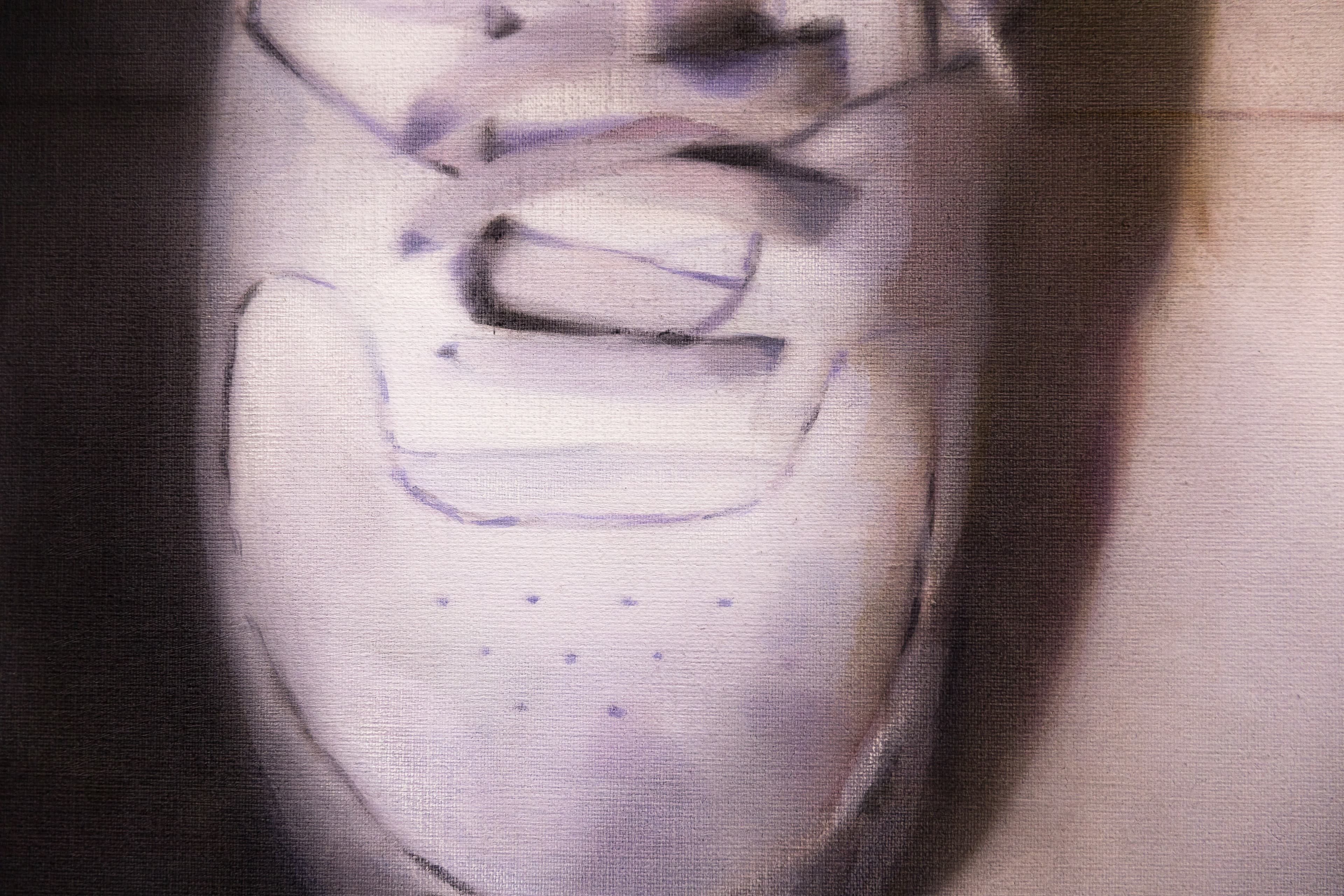 Detail shot of a painting of a pair of white training shoes from above