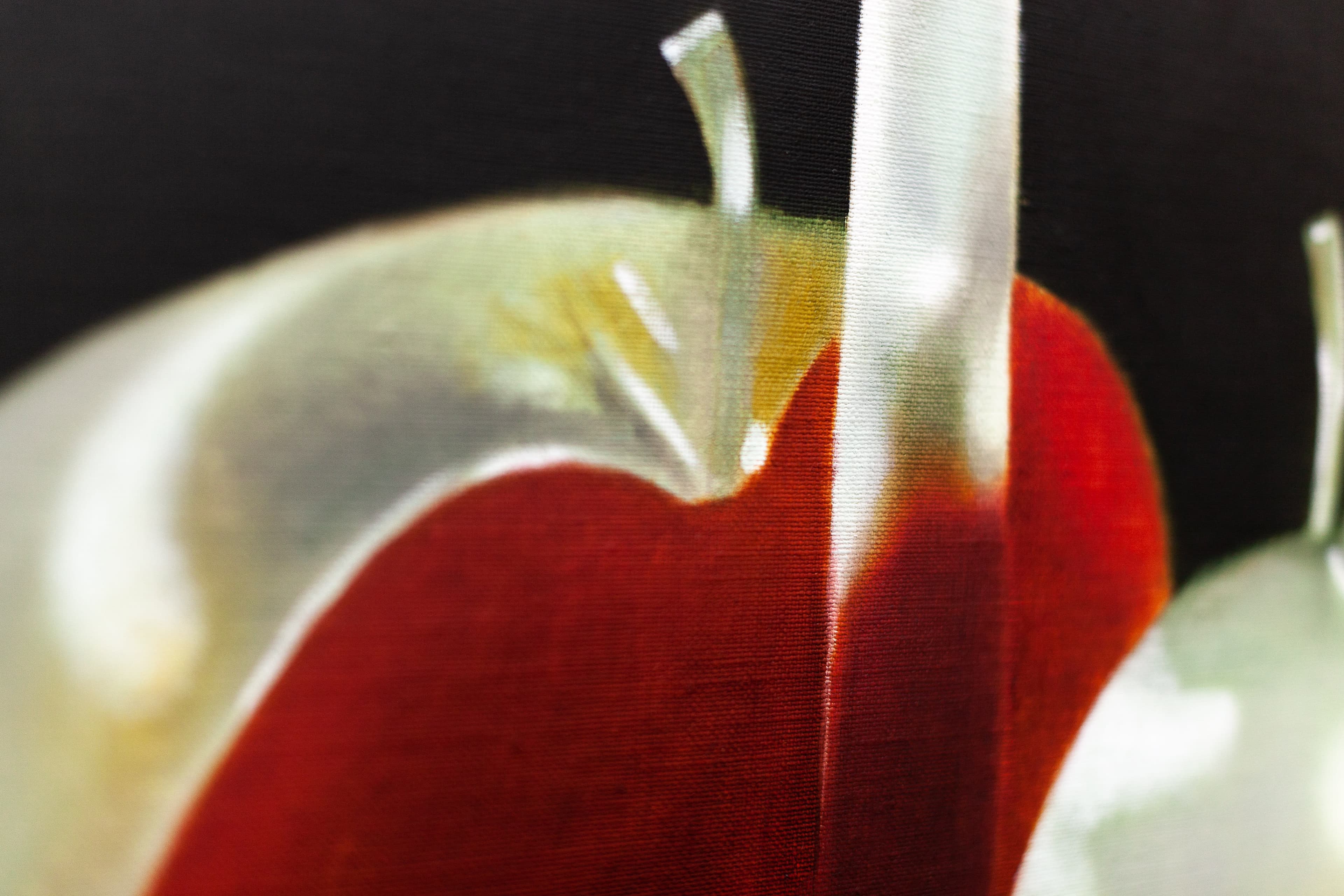 A painting by Robin Megannity of a silver metallic apple with a red core being cut half by a silver knife