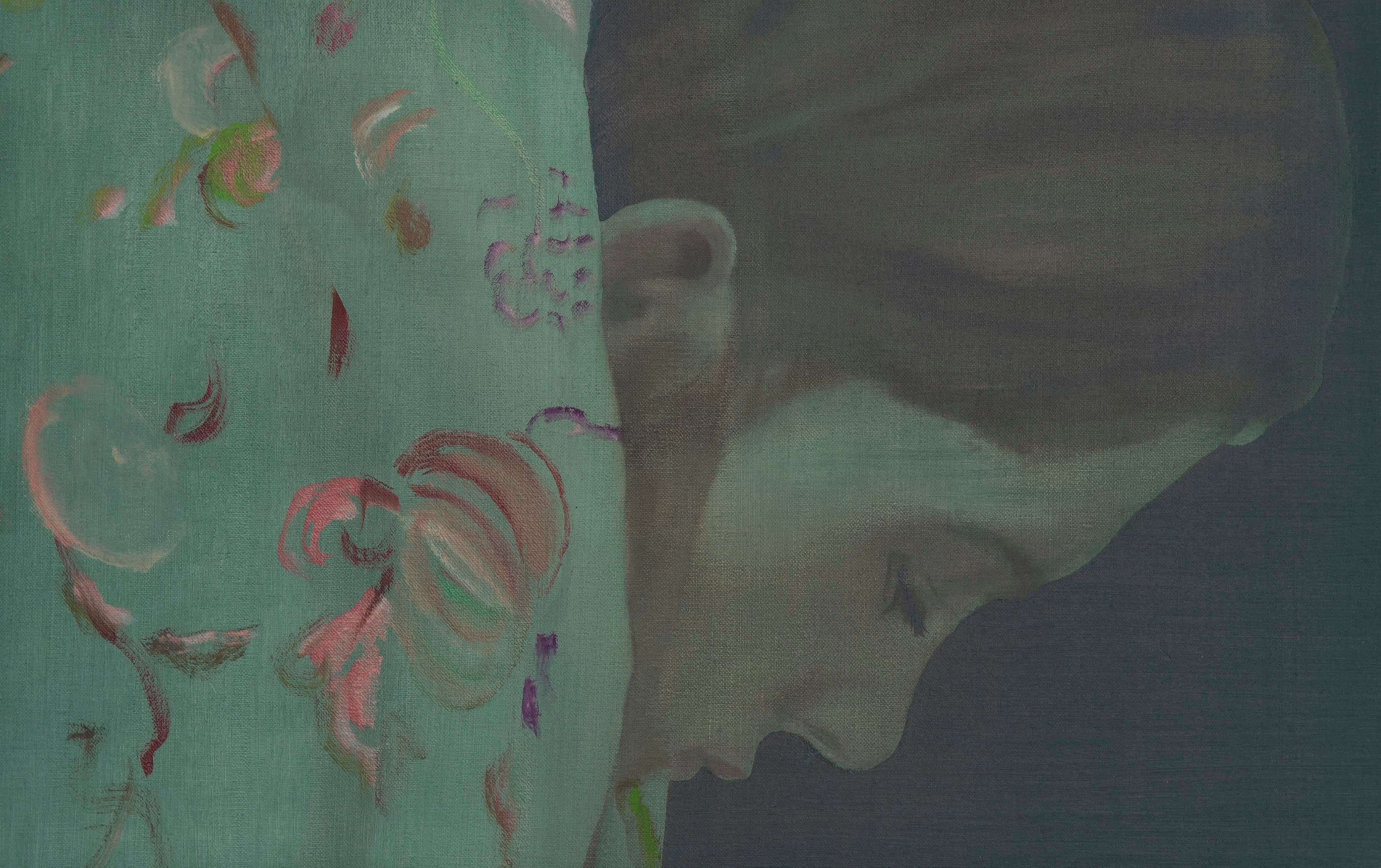 A cropped detail image of a painting by Katinka Lampe: 4050214, 2021 Oil on Canvas 40 x 50 cm - a girl wearing fabric around her neck looks at the floor, she is painted in a green hue. 