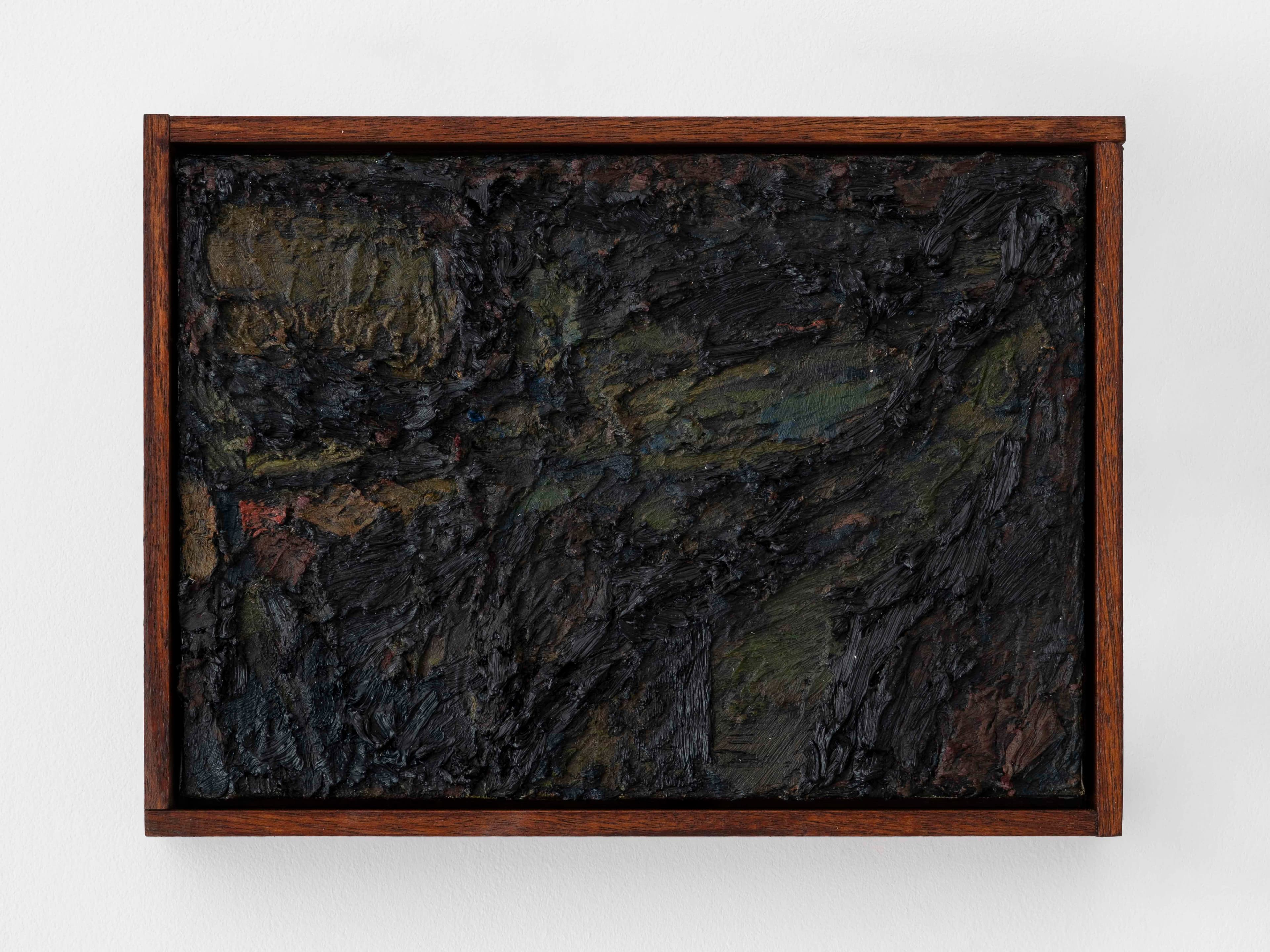 Small acrylic/oil painting by James Collins. Dark green and brown oil paint on canvas, with a textural quality similar to bark from a tree.